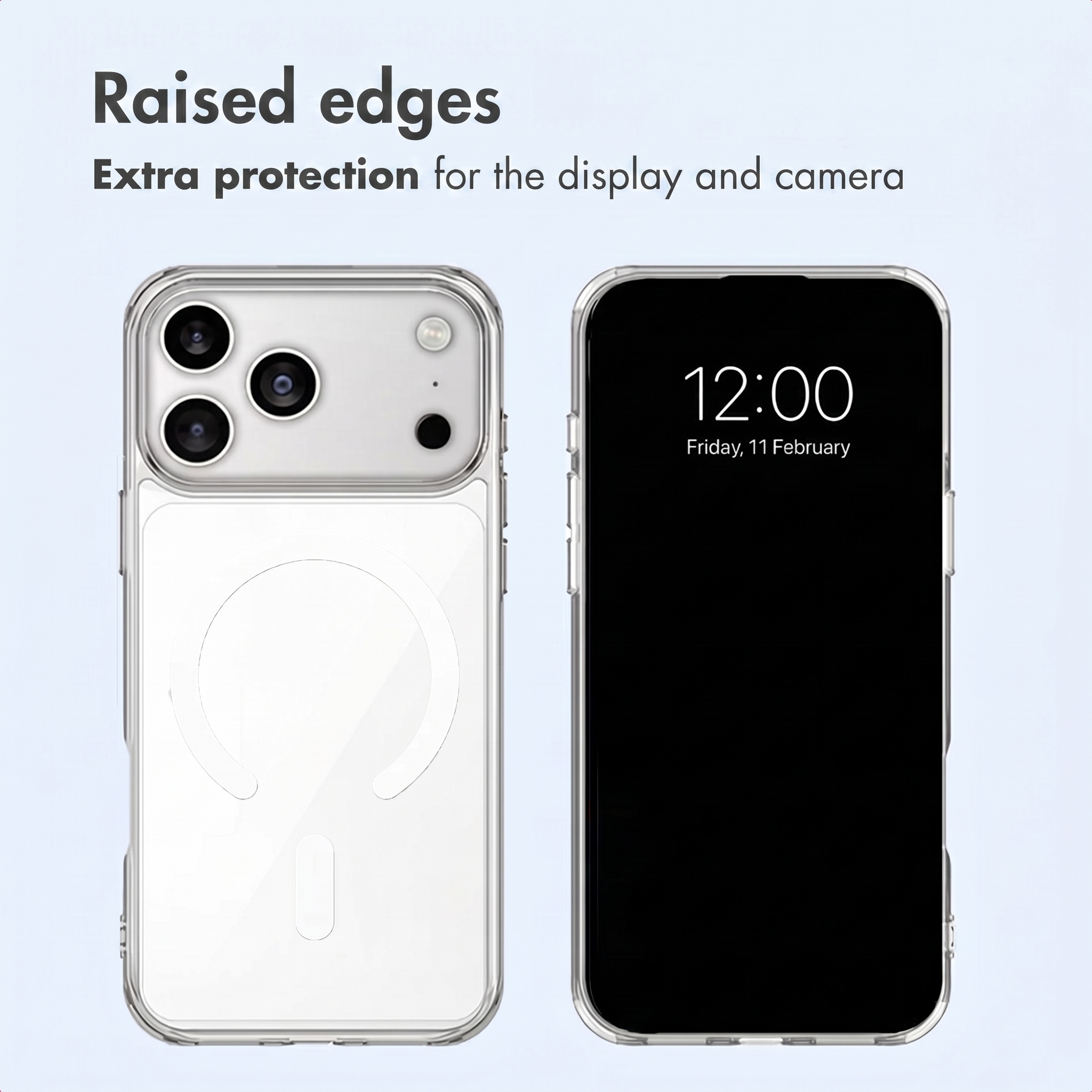 Ein Smartphone in einer klaren Hülle mit erhöhten Kanten zeigt Vorder- und Rückseite vor hellblauem Hintergrund.