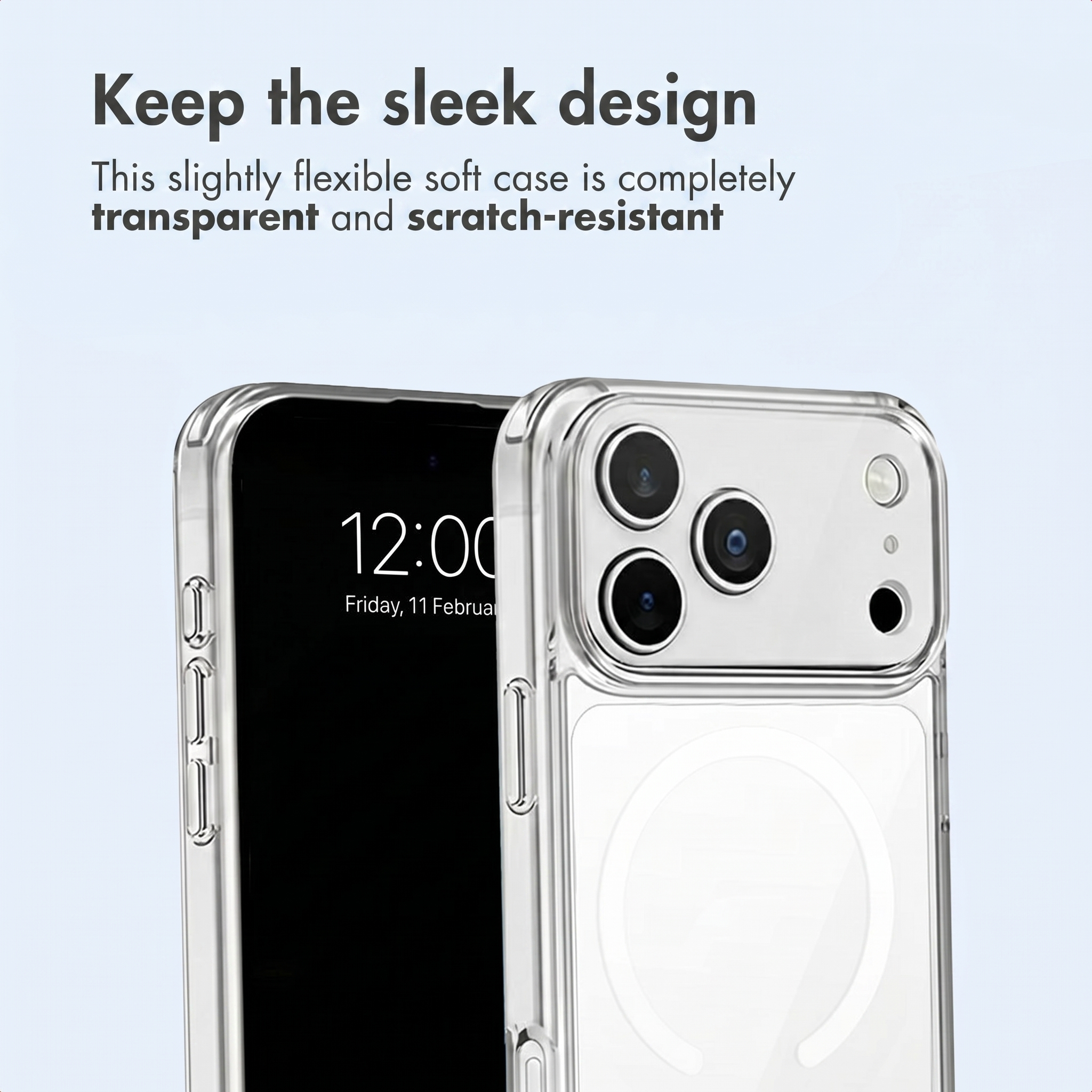 Zwei Smartphones in transparenten Schutzhüllen vor hellblauem Hintergrund mit Text.