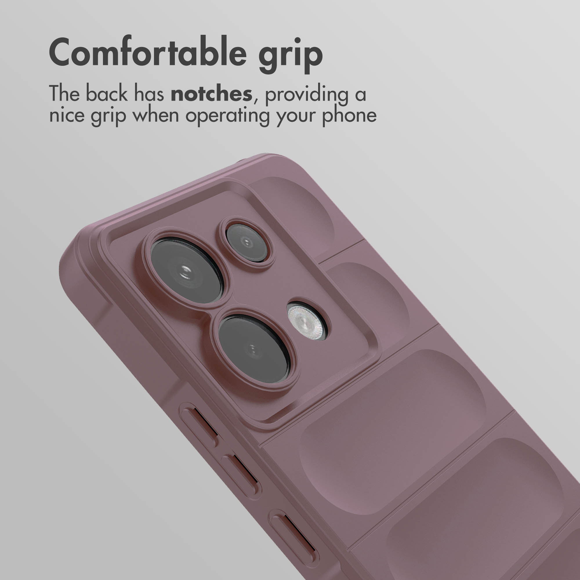 Rückseite einer violetten Smartphone-Hülle mit Kameraausschnitt und ergonomischen Rillen.