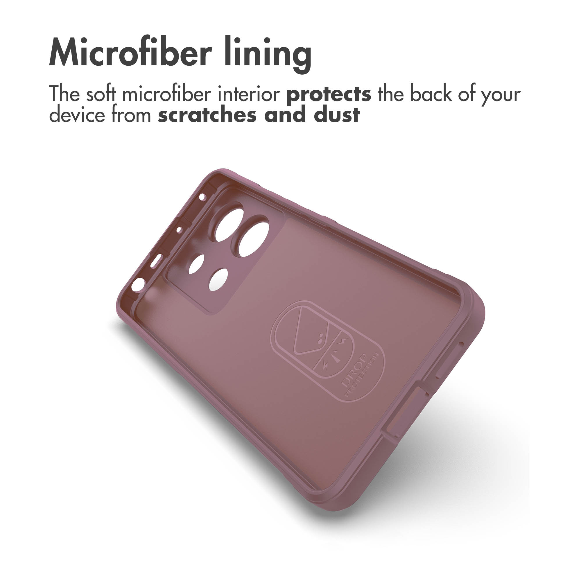 Eine rosafarbene Smartphone-Hülle mit weichem Microfaser-Innenfutter und Aufschrift Microfiber lining.