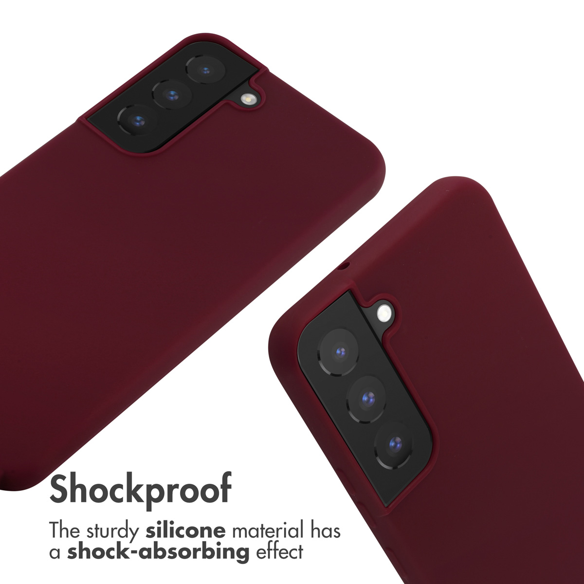 Dos fundas de silicona burdeos para teléfonos con protección de cámara integrada, texto en blanco abajo.