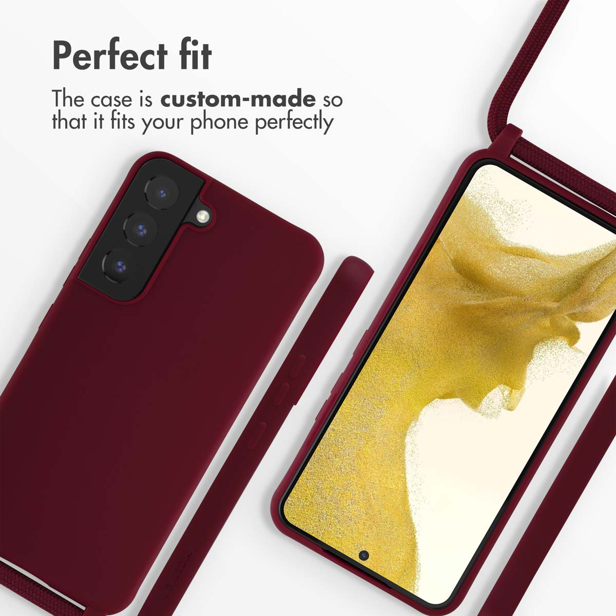 Un smartphone granate con funda y correa. El texto dice Perfect fit.