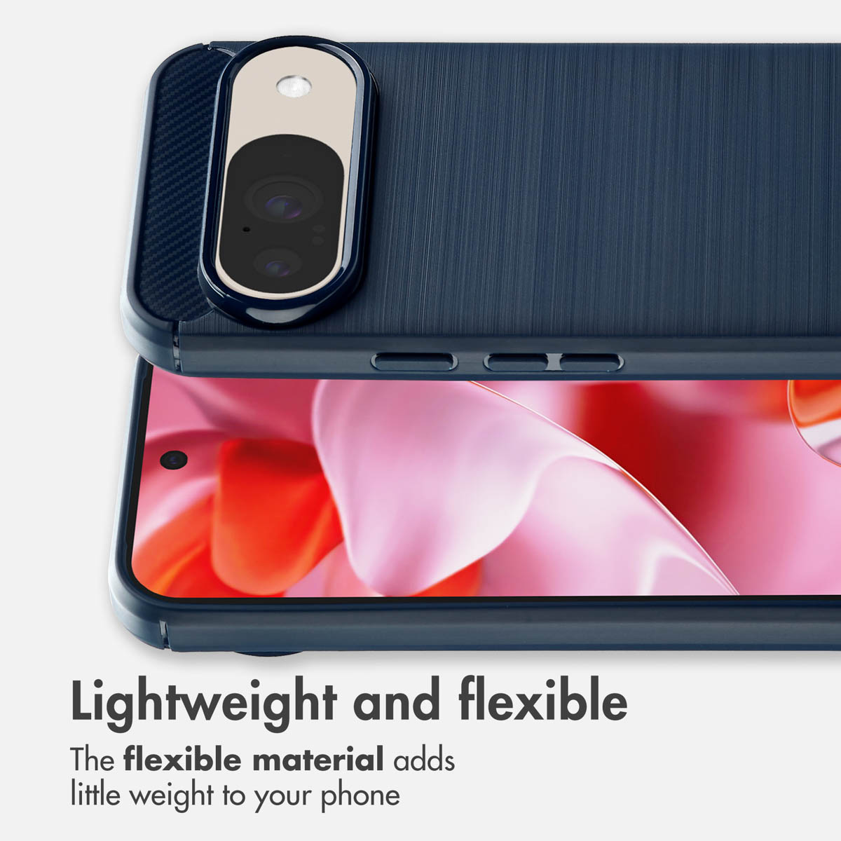Custodia per smartphone blu con texture spazzolata, modulo fotocamera e display.
