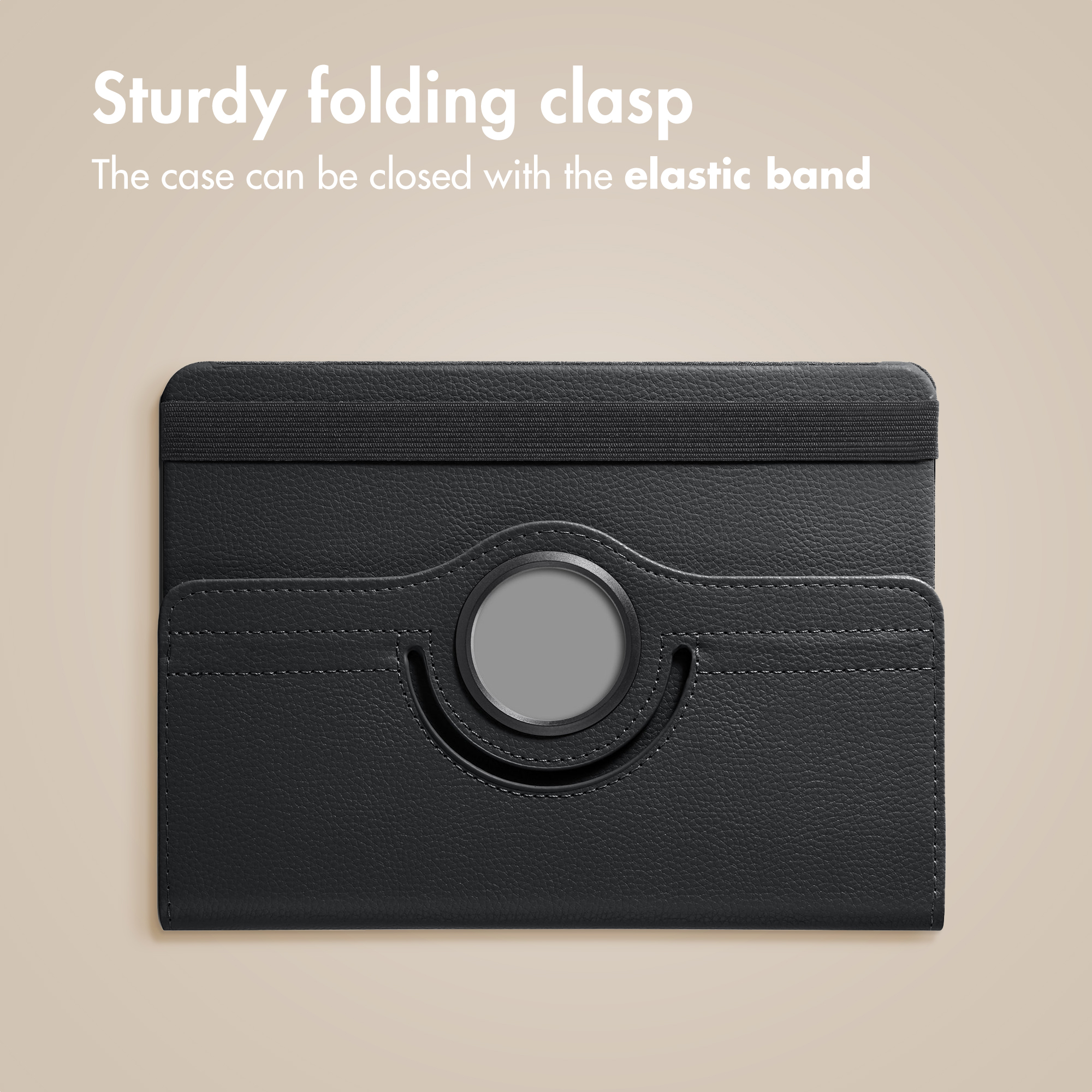 Black tablet case with an elastic band and a round holder.