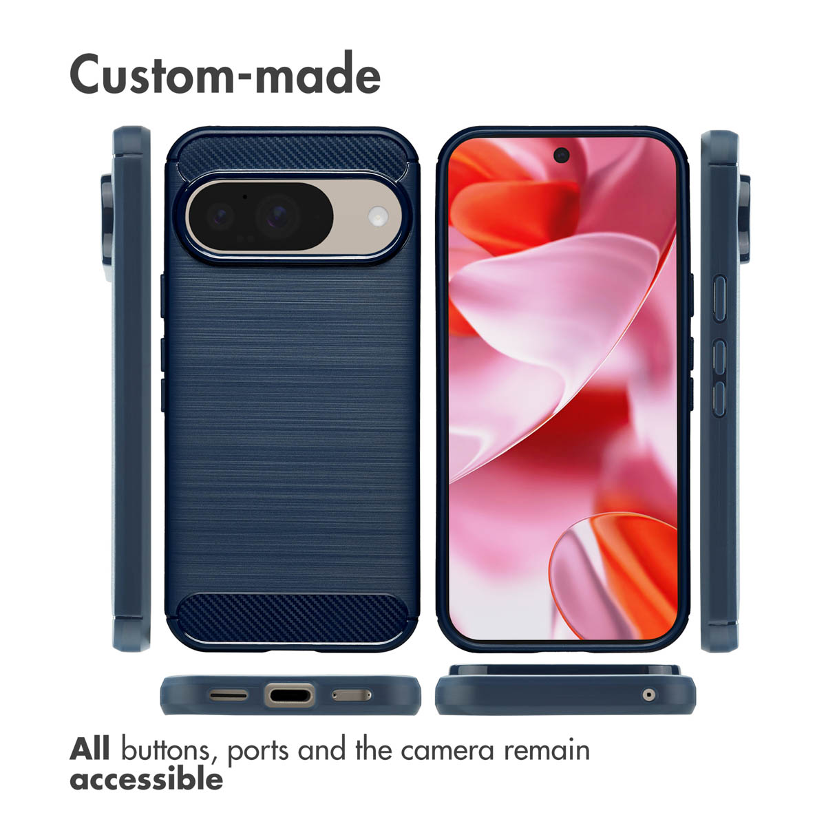 Custodia per telefono blu scuro mostrata da più angolazioni, evidenziando l'accesso a pulsanti, porte e fotocamera.