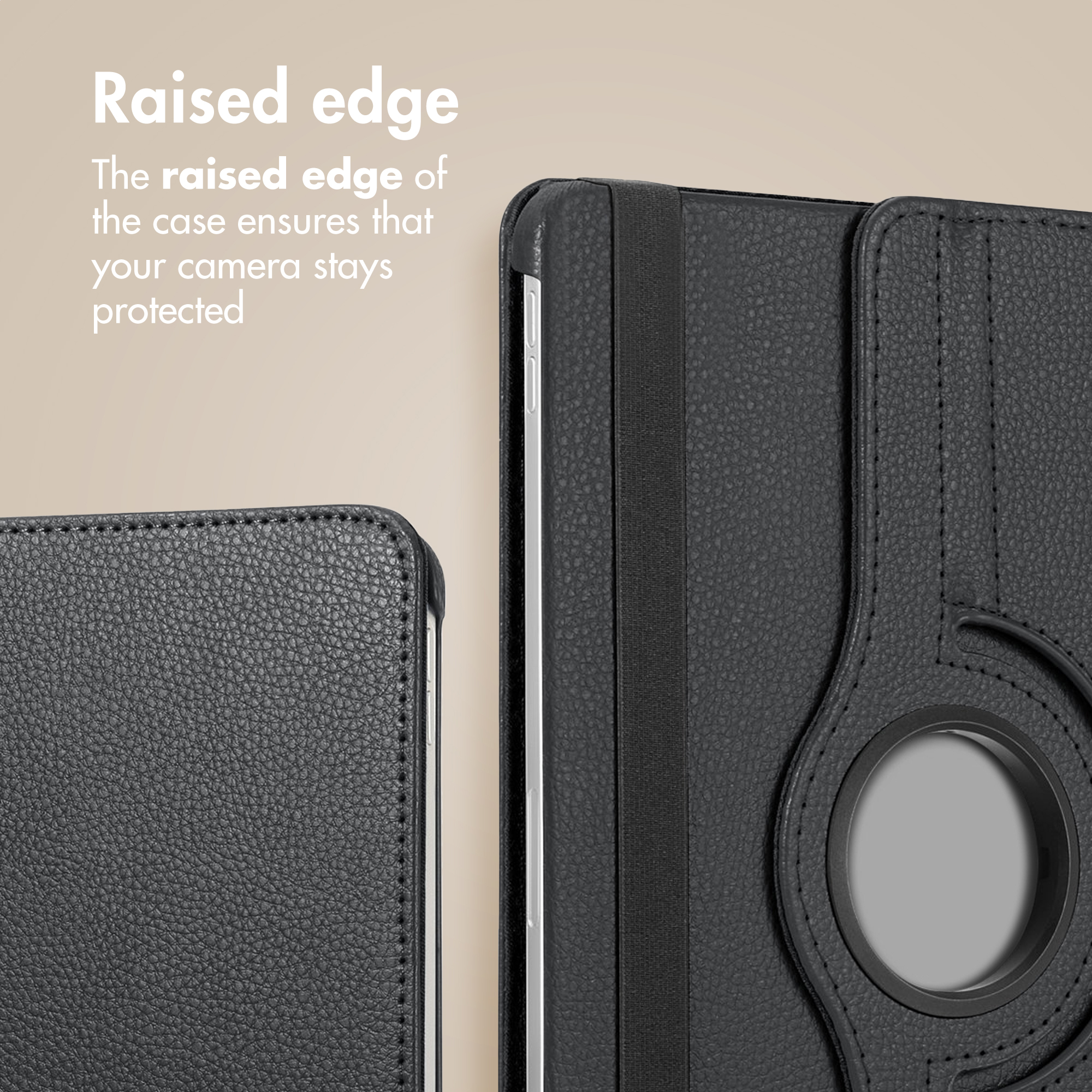 Close-up of a black textured leather tablet case, highlighting its protective raised edge and closure strap.