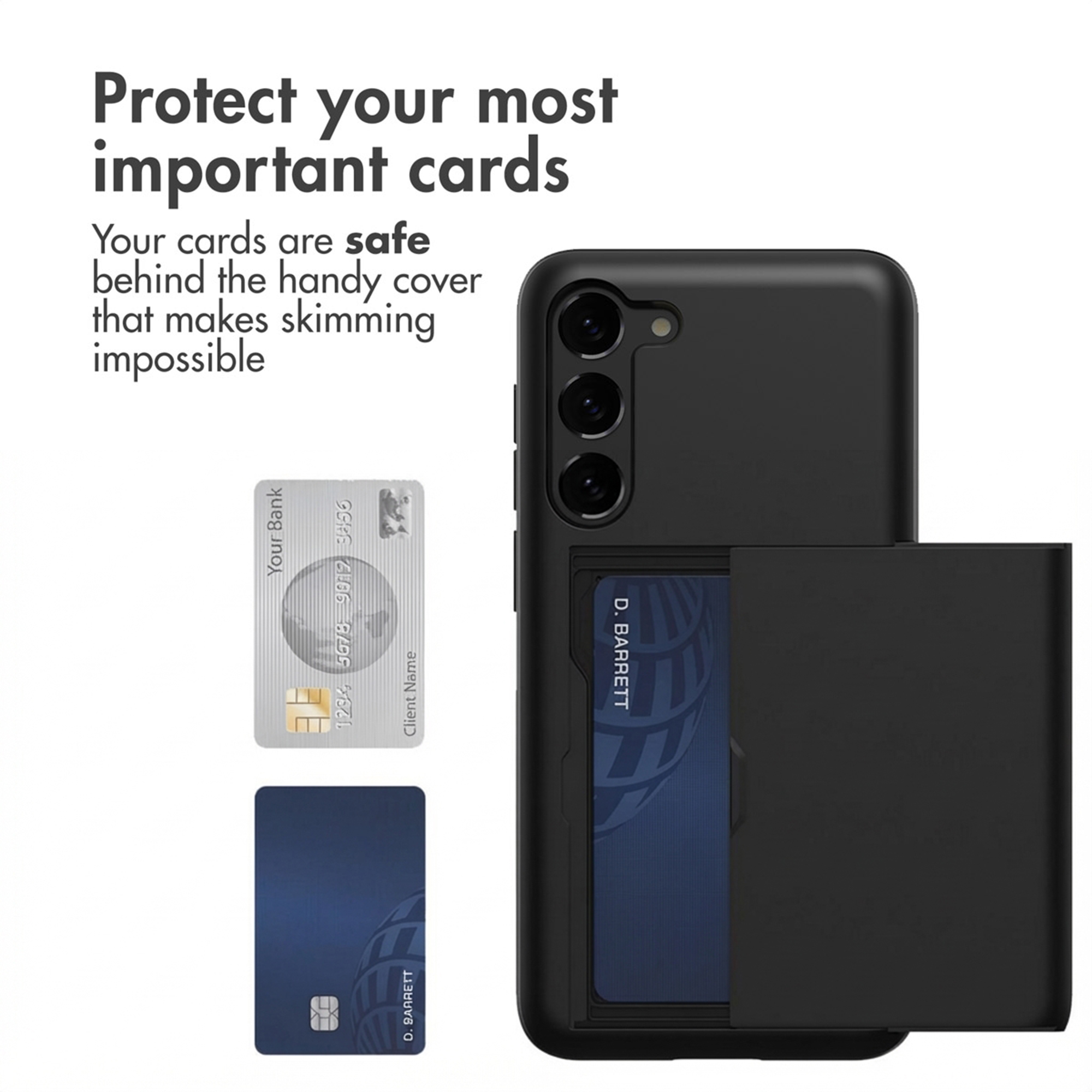 Funda de teléfono negra con tarjetero integrado, flanqueada por dos tarjetas y texto publicitario.