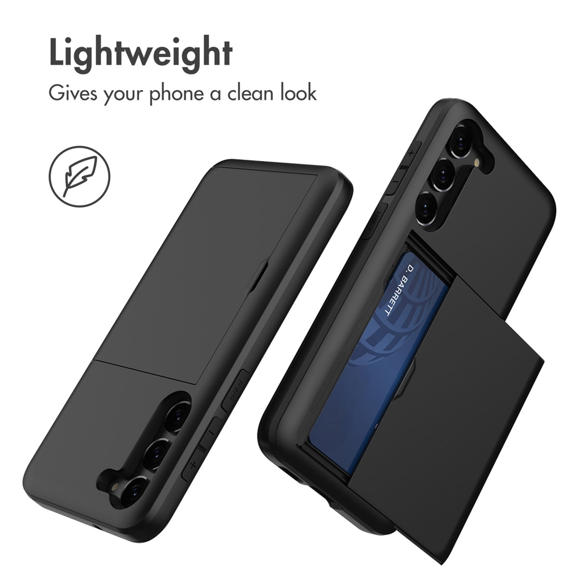 Dos fundas negras para smartphones, una con una ranura para tarjetas parcialmente abierta.