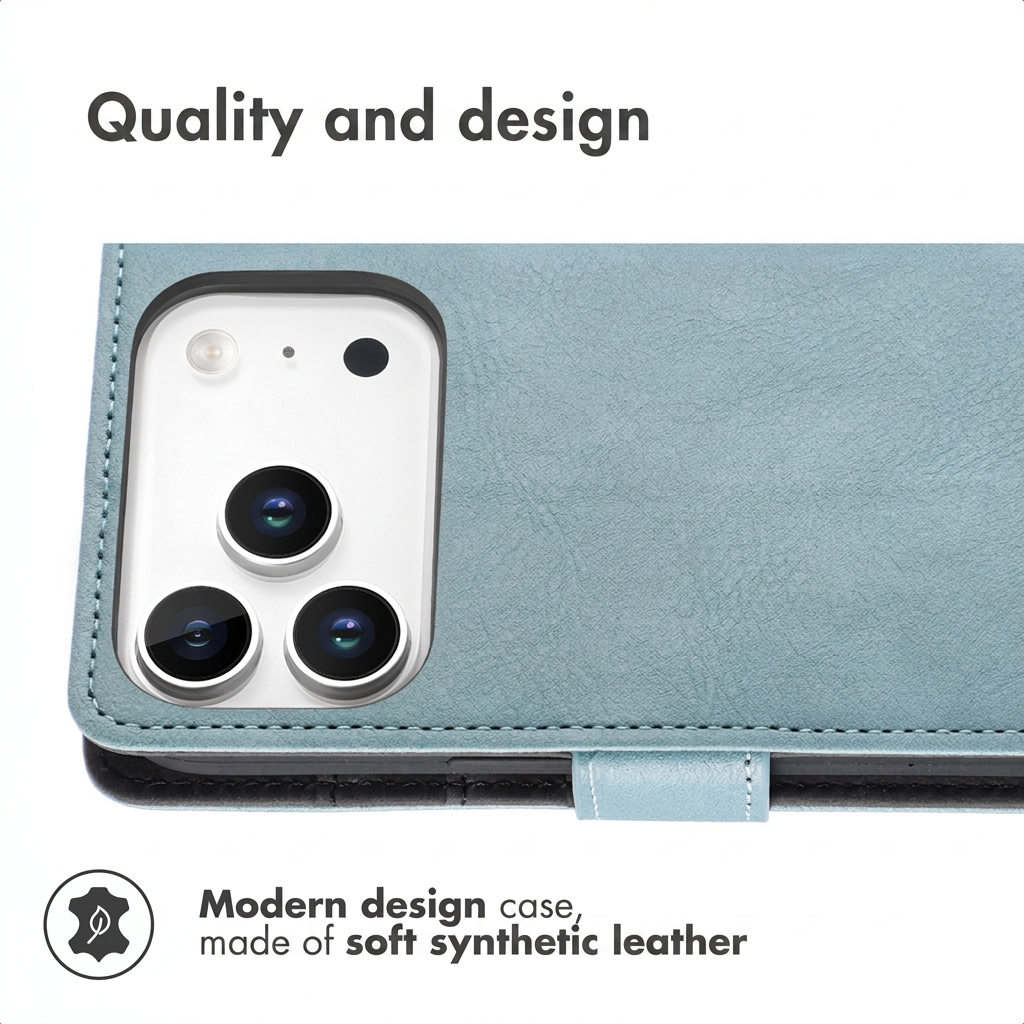 Gros plan d'un étui de téléphone en cuir synthétique bleu avec découpe pour l'appareil photo.