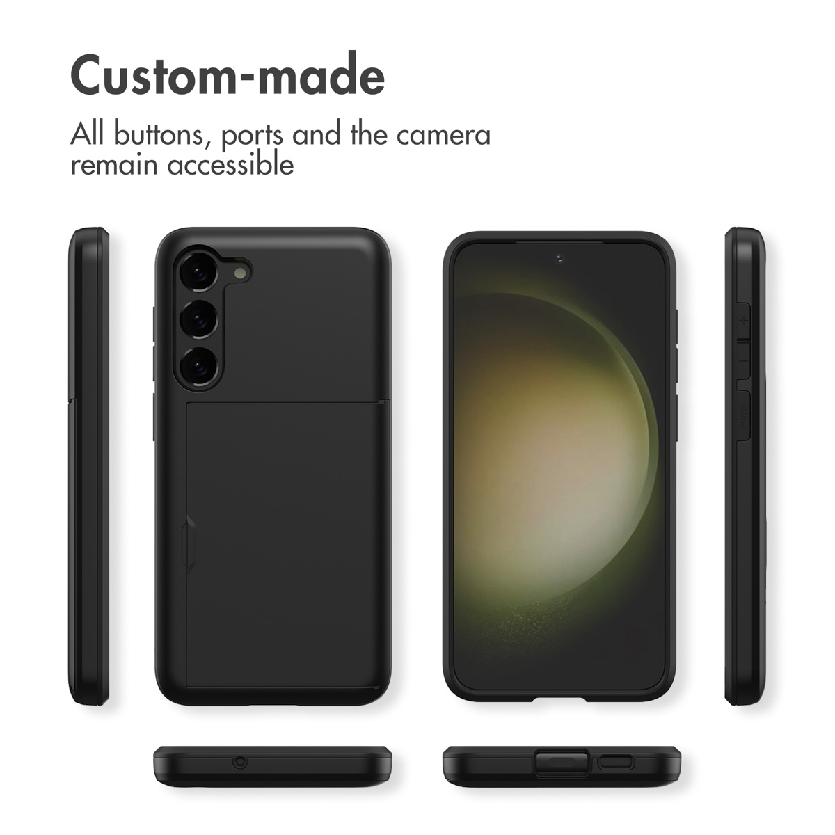Smartphone negro en funda personalizada mostrando frente, parte trasera, laterales y texto de botones accesibles.