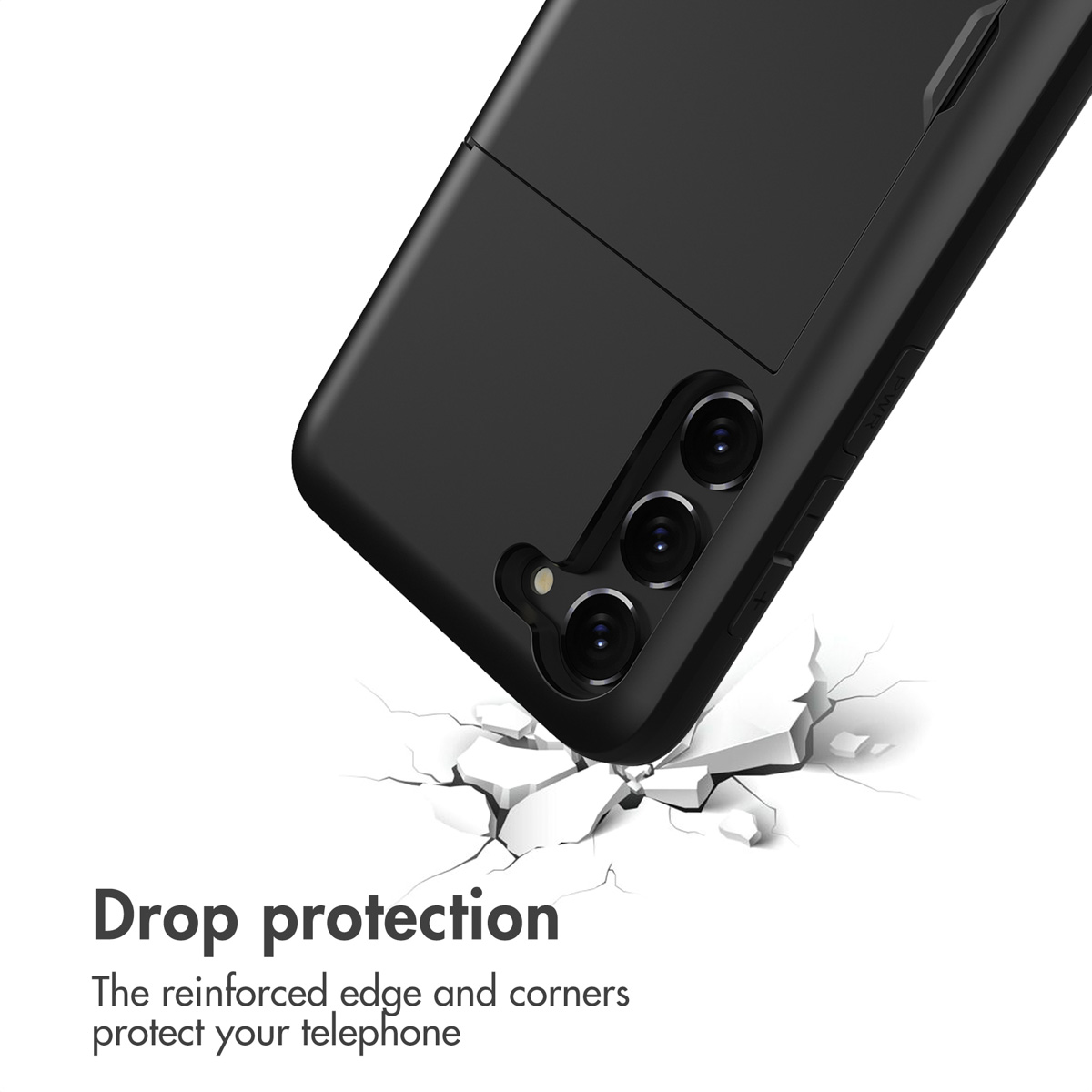Funda de teléfono negra con cámaras sobre una superficie rota y texto Drop protection.