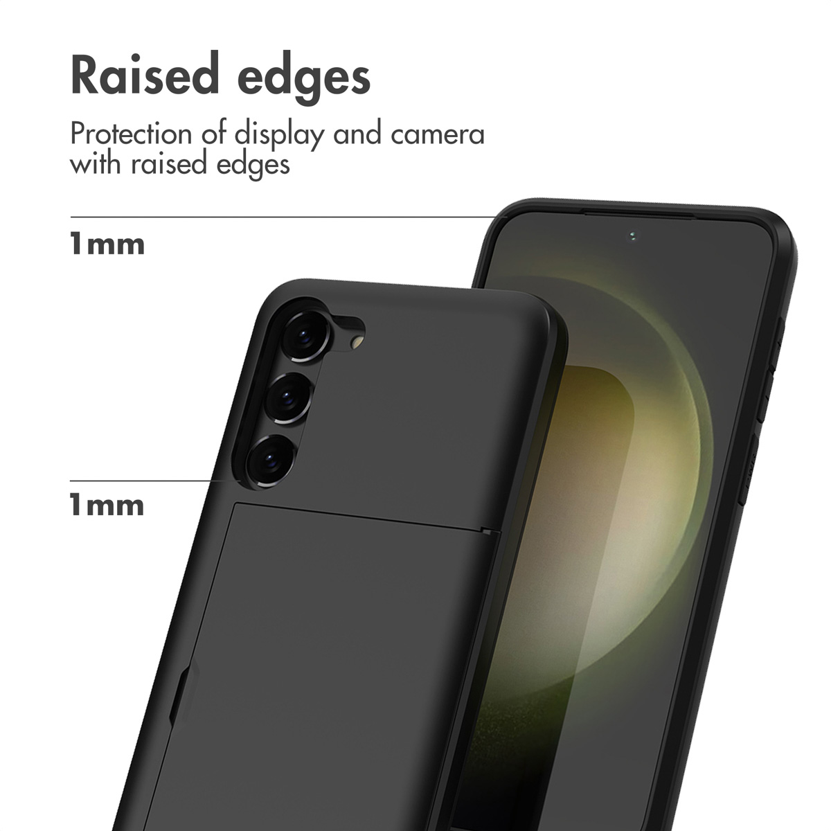 Un teléfono negro con funda protectora y bordes elevados de 1 mm para proteger la pantalla y la cámara.