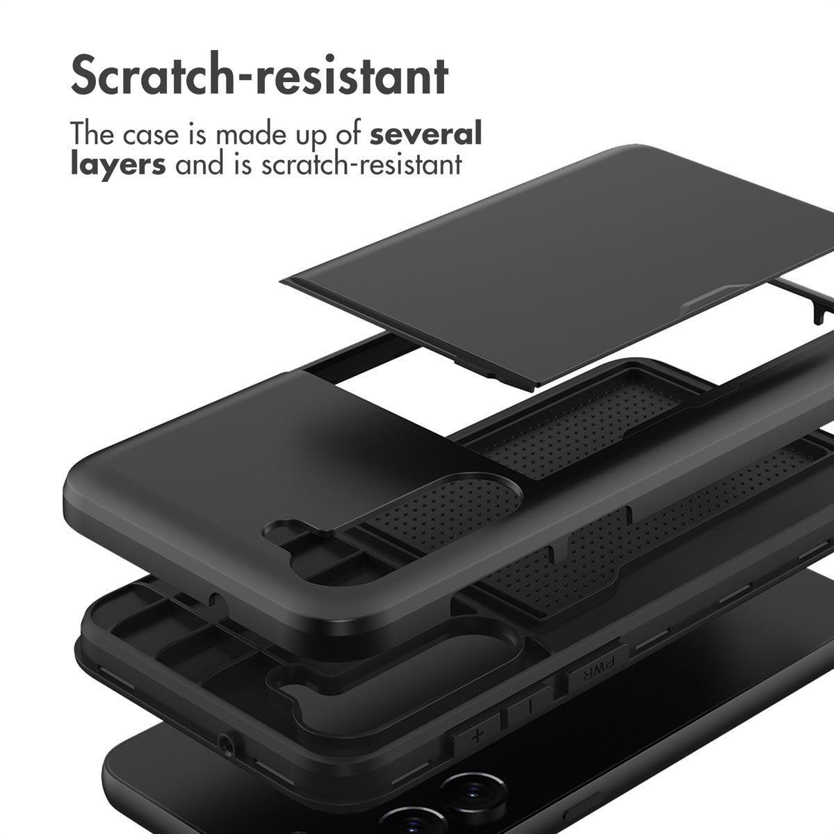 Vista explosionada de una funda protectora negra de varias capas y resistente a los arañazos sobre un teléfono.