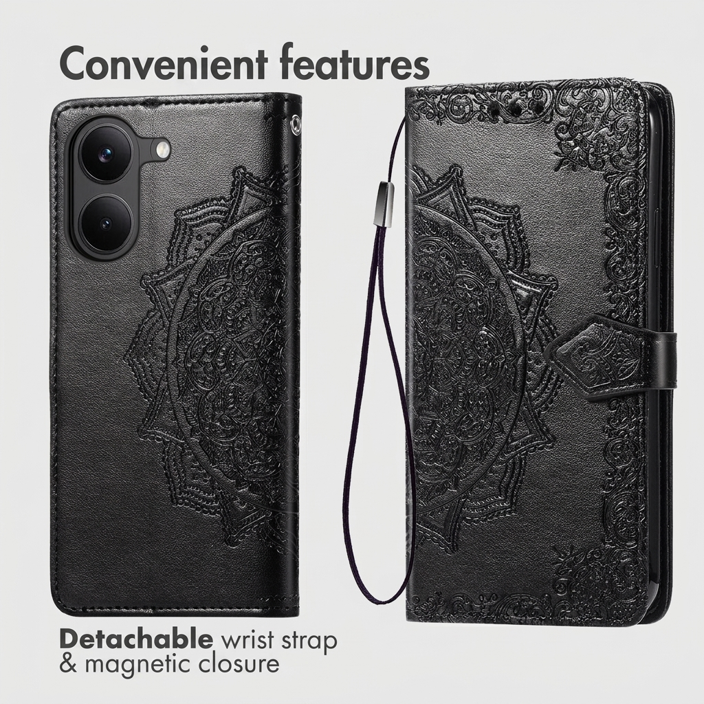 Deux vues d'un étui de téléphone en cuir noir avec des motifs de mandala gaufrés, une dragonne et une fermeture aimantée.