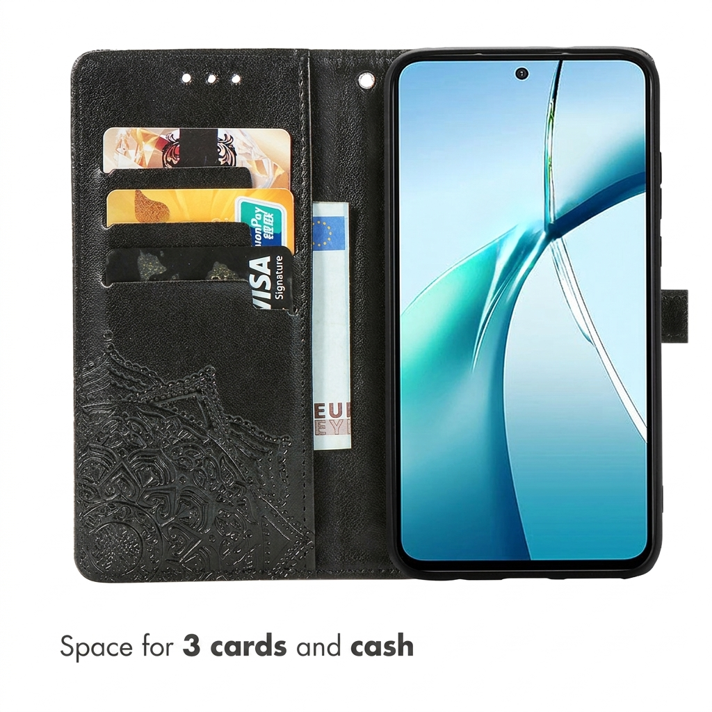 Étui de téléphone en cuir noir avec fentes pour trois cartes et de l'argent.
