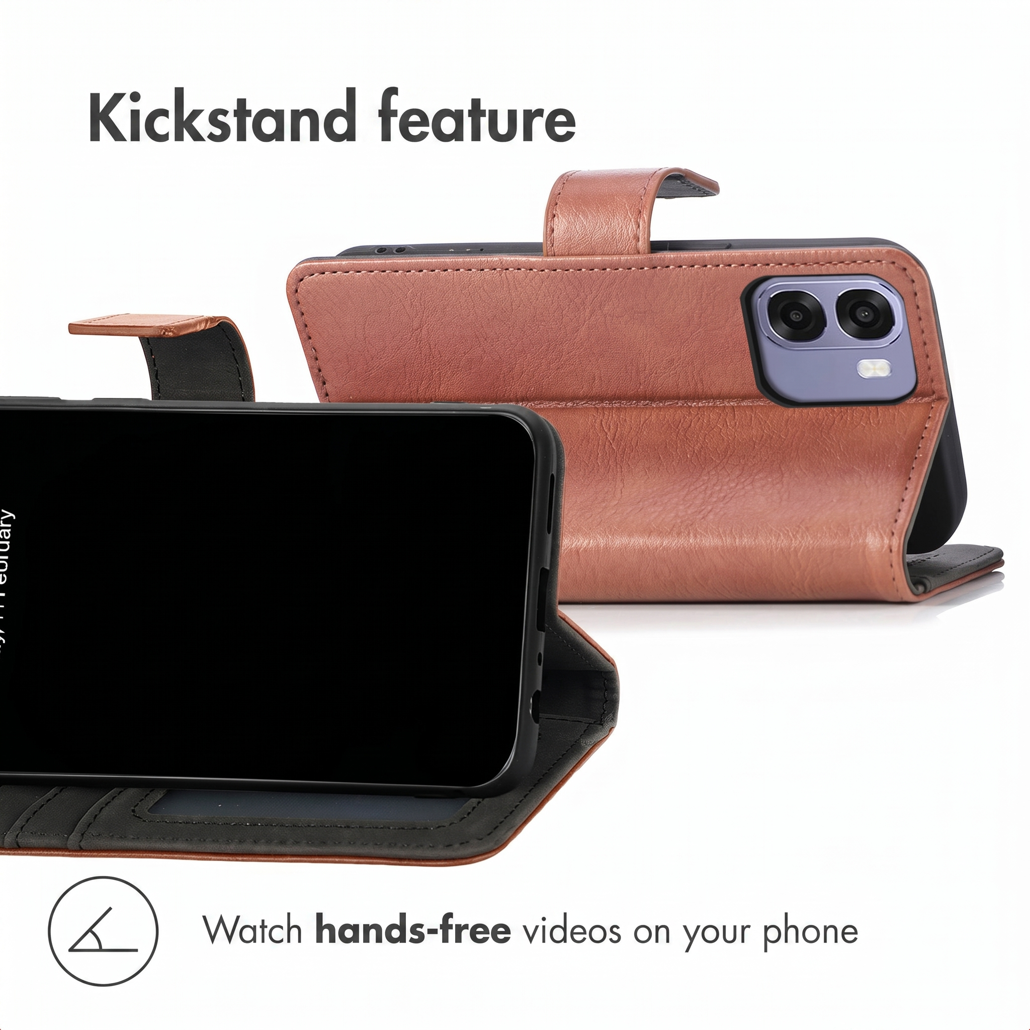 Funda de cuero marrón para teléfono con función de soporte para ver videos.