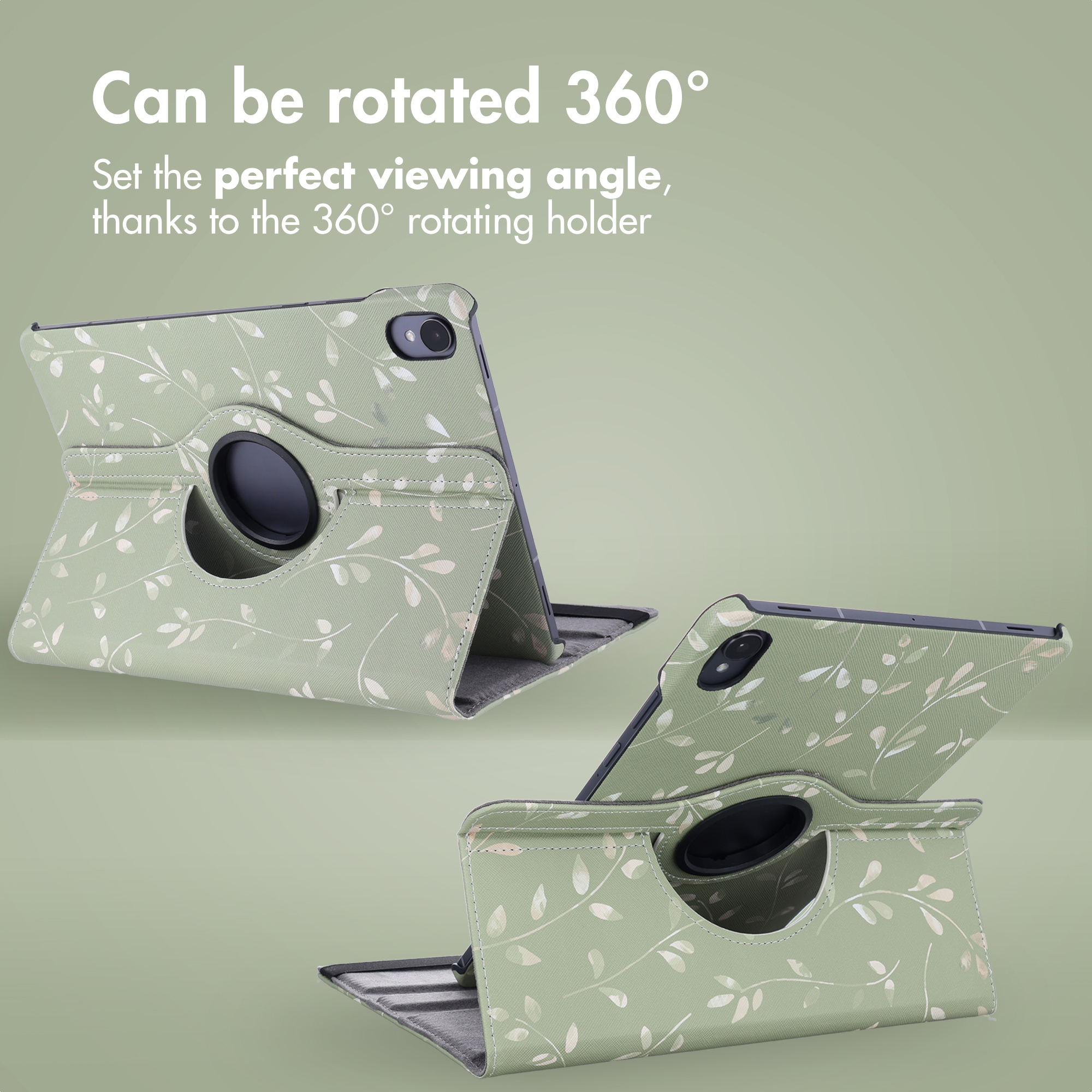 Green tablet case with leaf pattern, rotating holder, and text above.