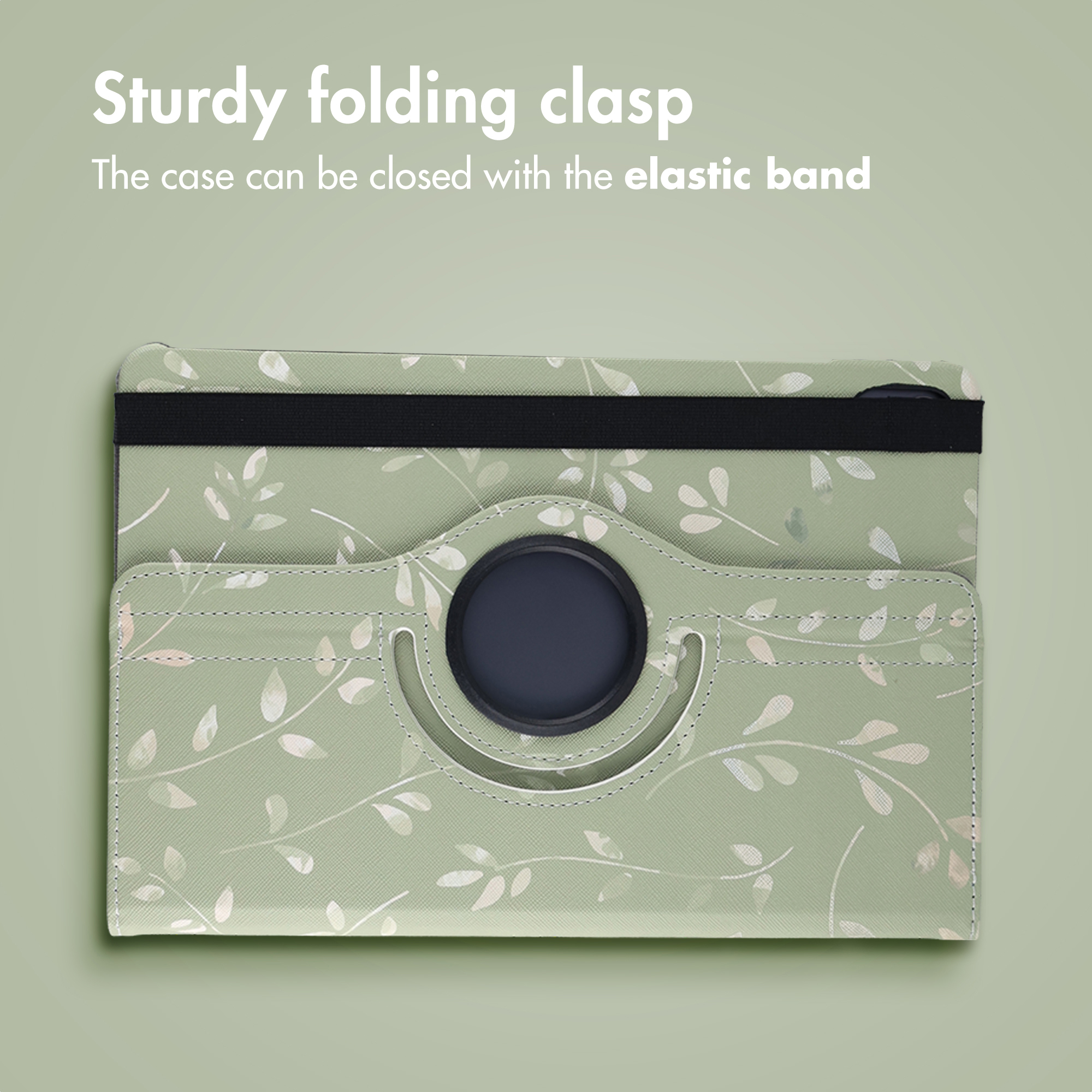 Green tablet case with white leaf pattern, black elastic band, and central circular stand ring on a green background.