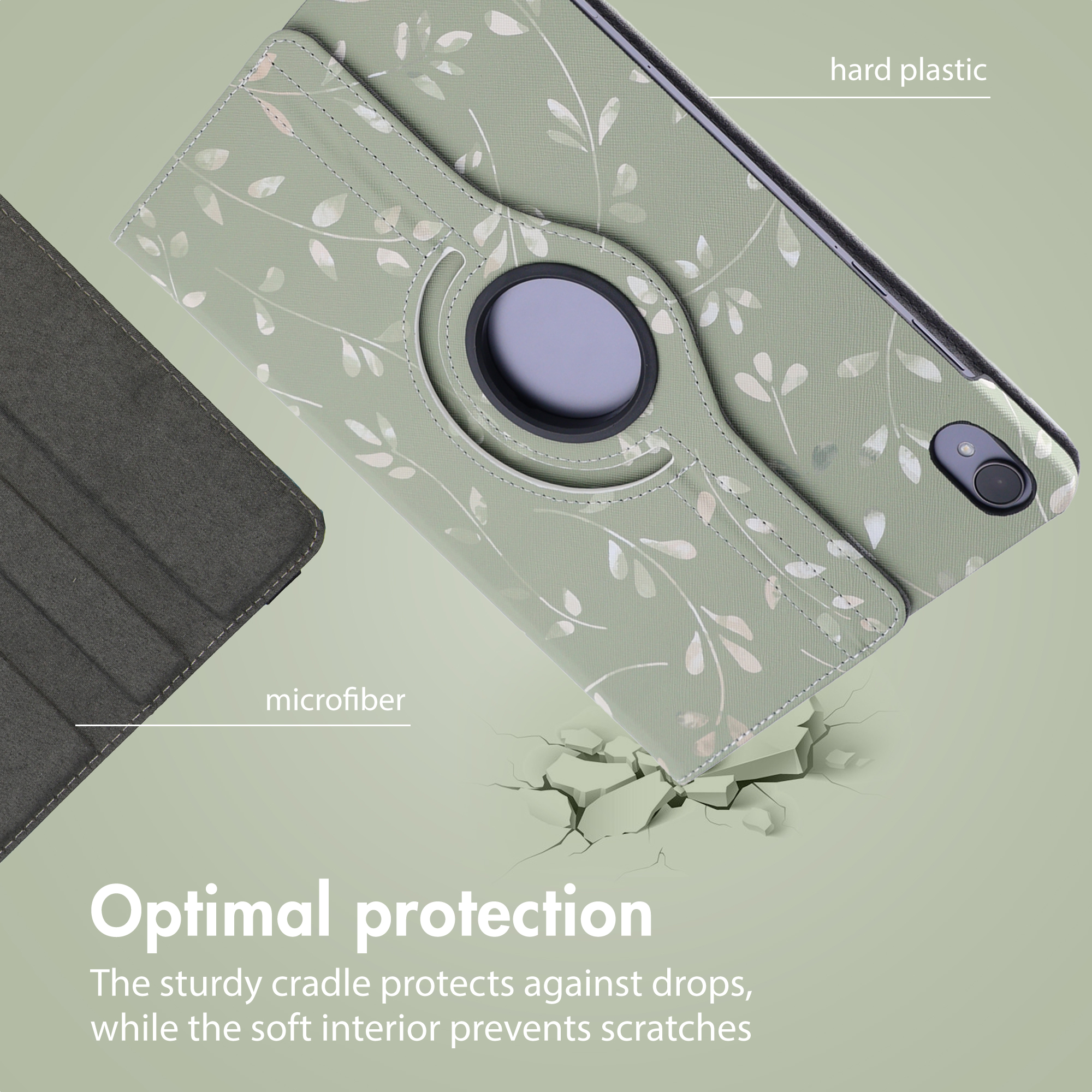 Green tablet case with leaf pattern, hard plastic and soft interior for optimal protection.