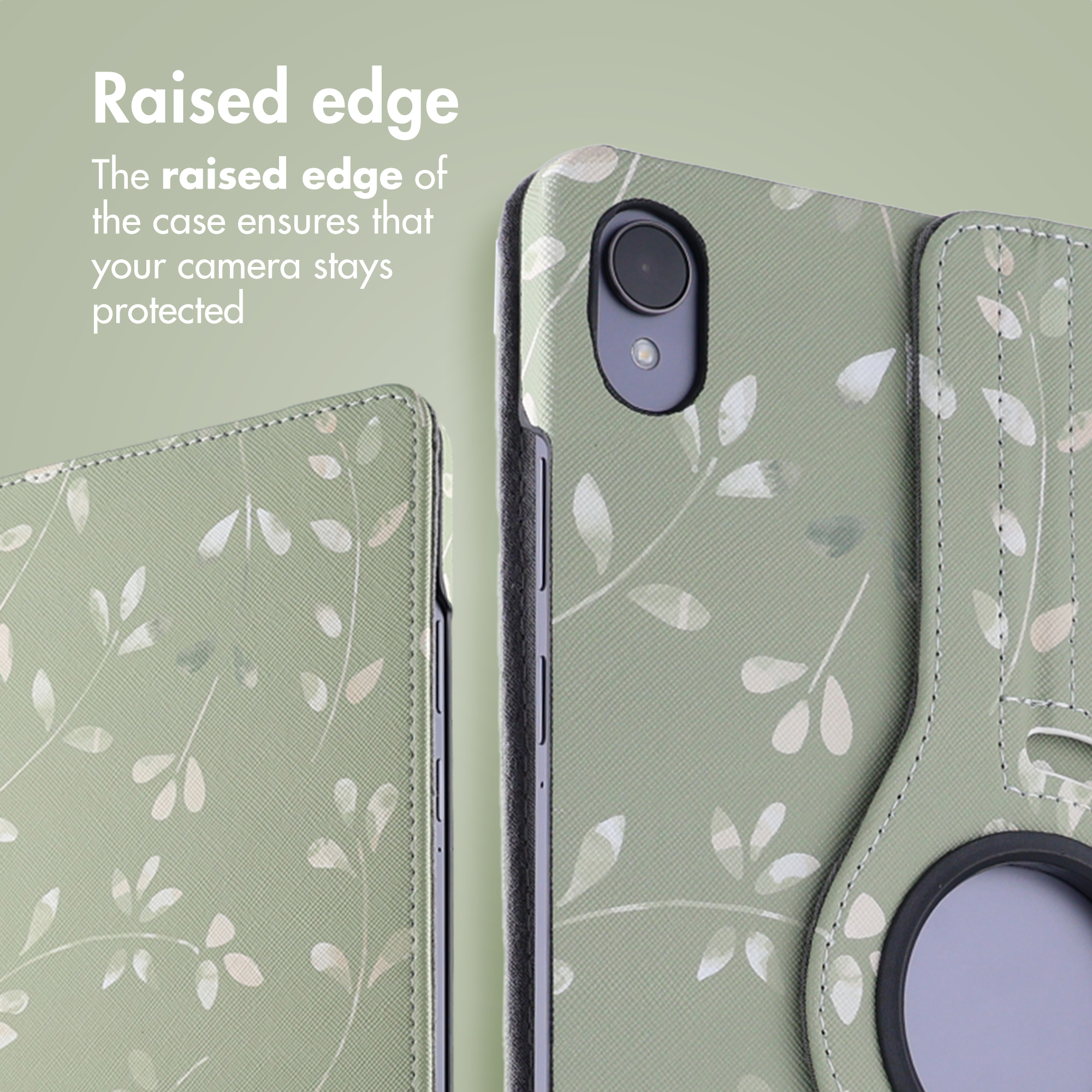 Green tablet case with a leaf pattern and raised edge to protect the camera.