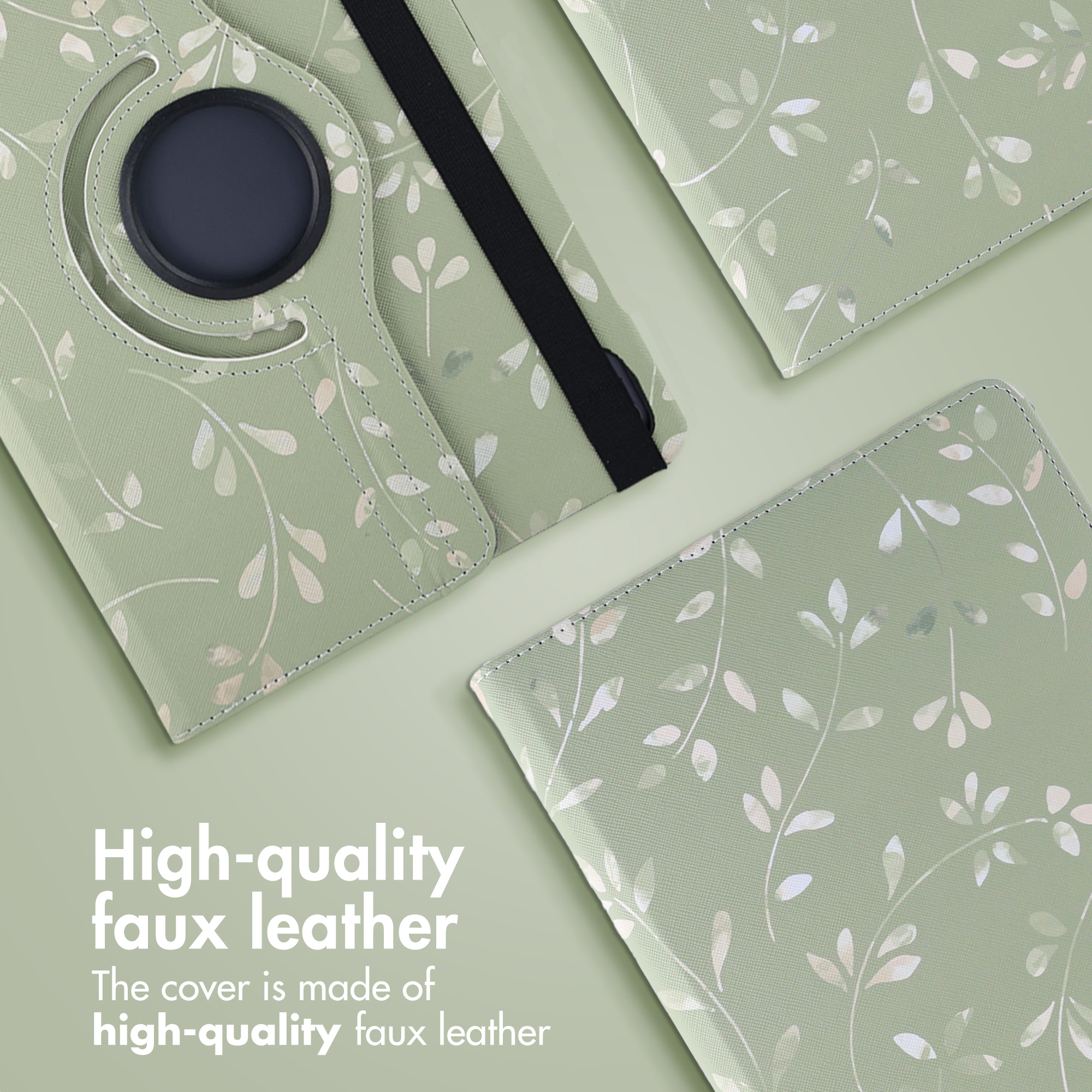 Three sage green faux leather tablet cases featuring a white botanical leaf pattern on a matching light green background.