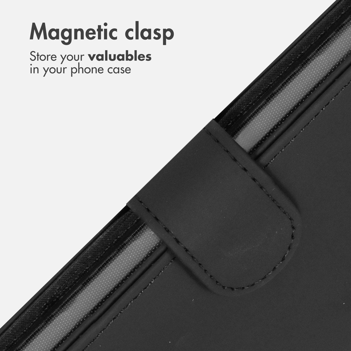 Funda de teléfono negra con cierre magnético y texto sobre objetos de valor.