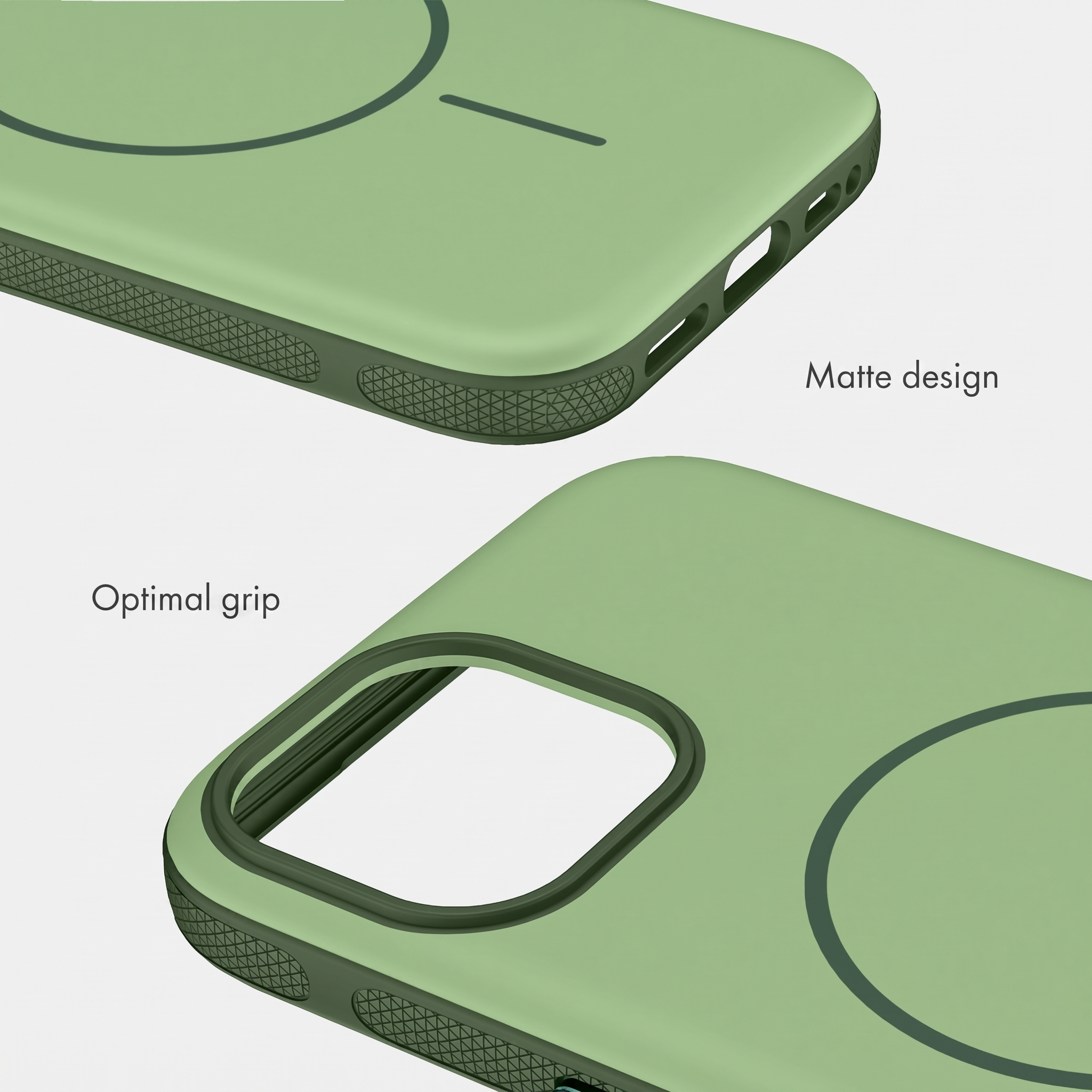 Groene telefoonhoes met mat design en gestructureerde rand voor optimale grip op een witte achtergrond.
