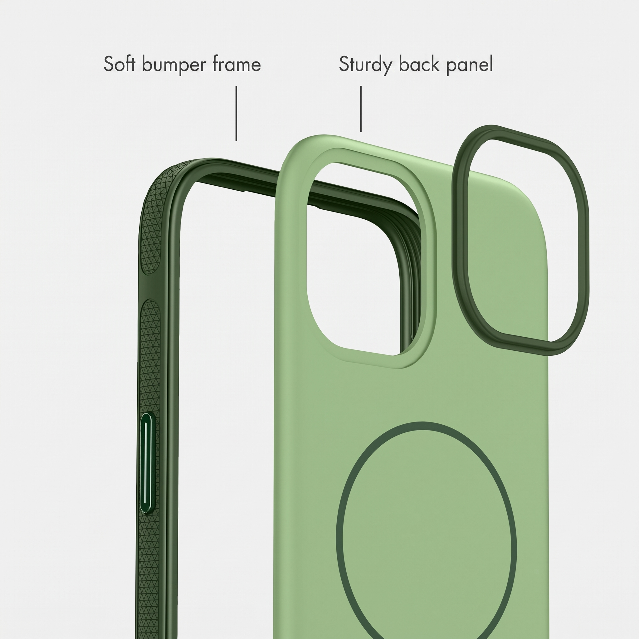 Groene telefoonhoes met zacht frame en stevig achterpaneel.