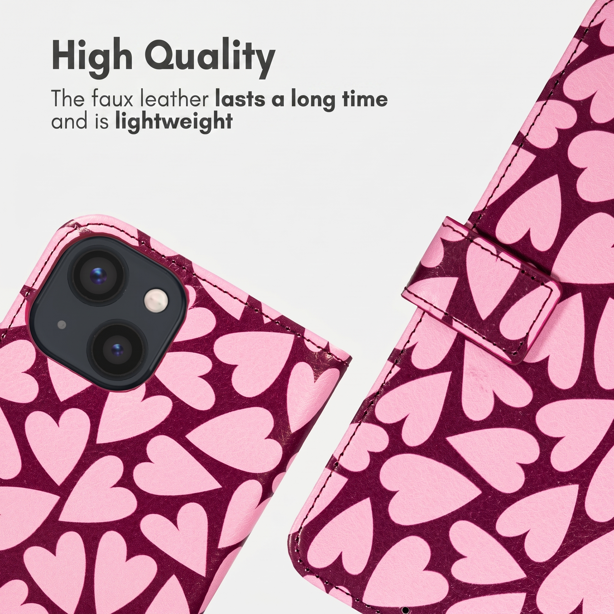 Roze en bordeauxrode telefoonhoes met harten en tekst.