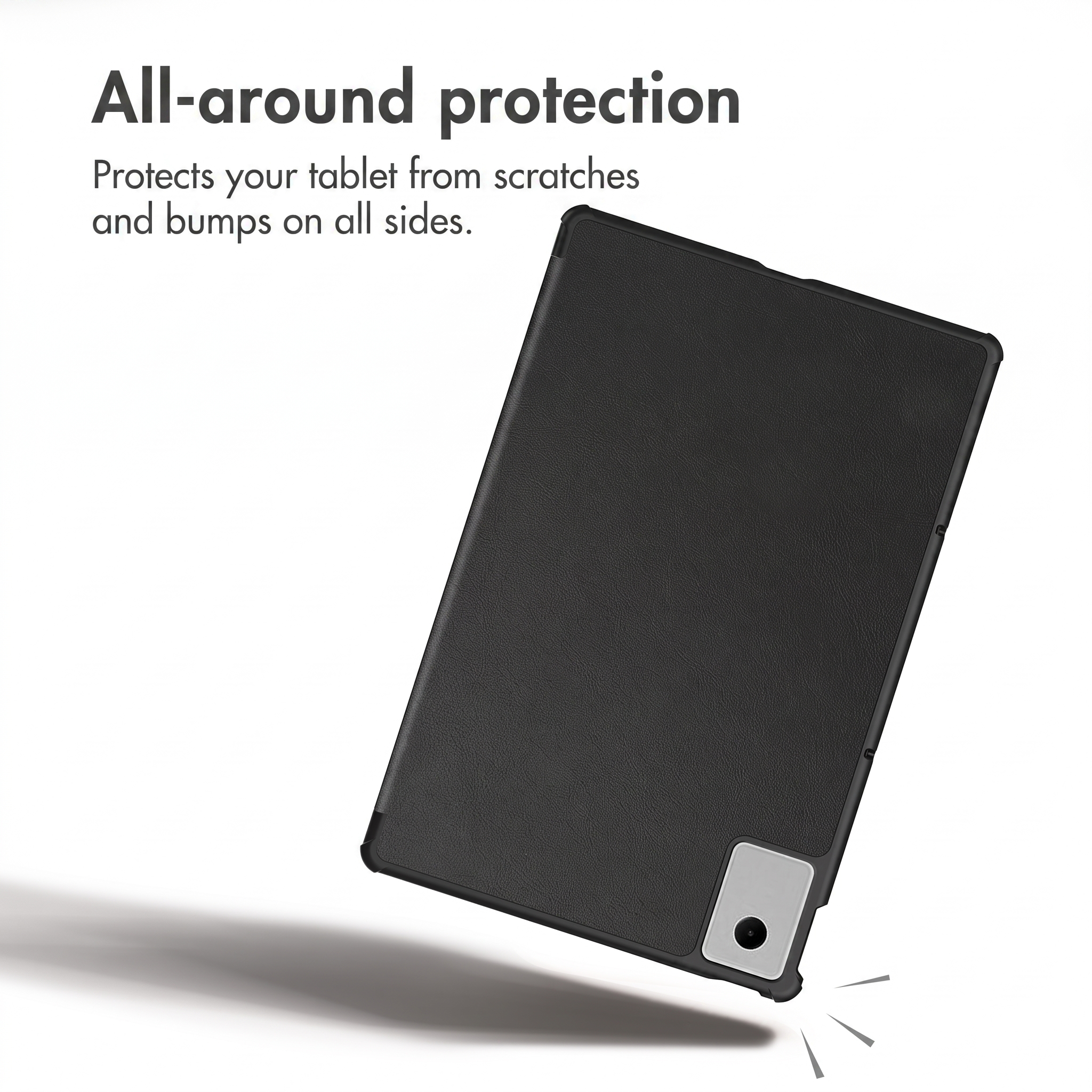 A black tablet case protects the device from scratches and bumps on all sides.