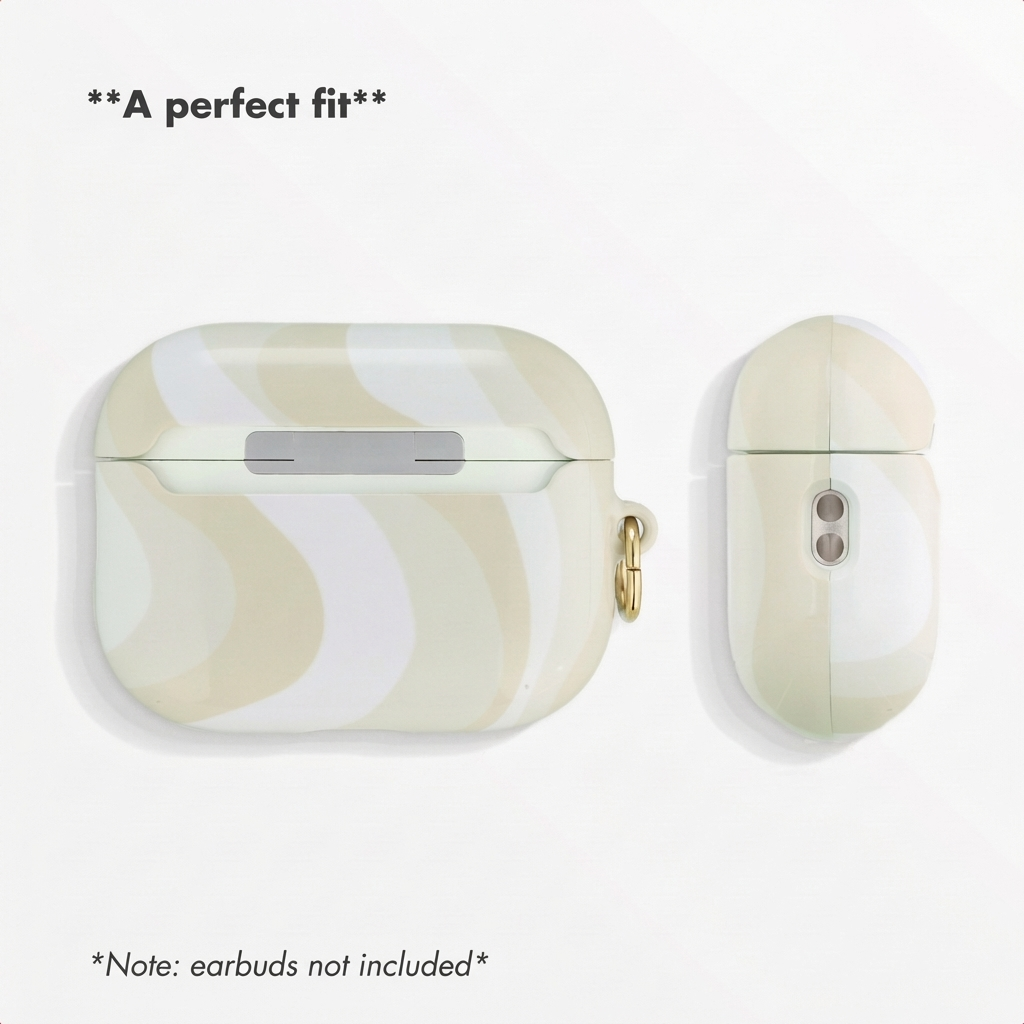 Un estuche para auriculares inalámbricos de color crema y blanco con un patrón ondulado y un anillo dorado.