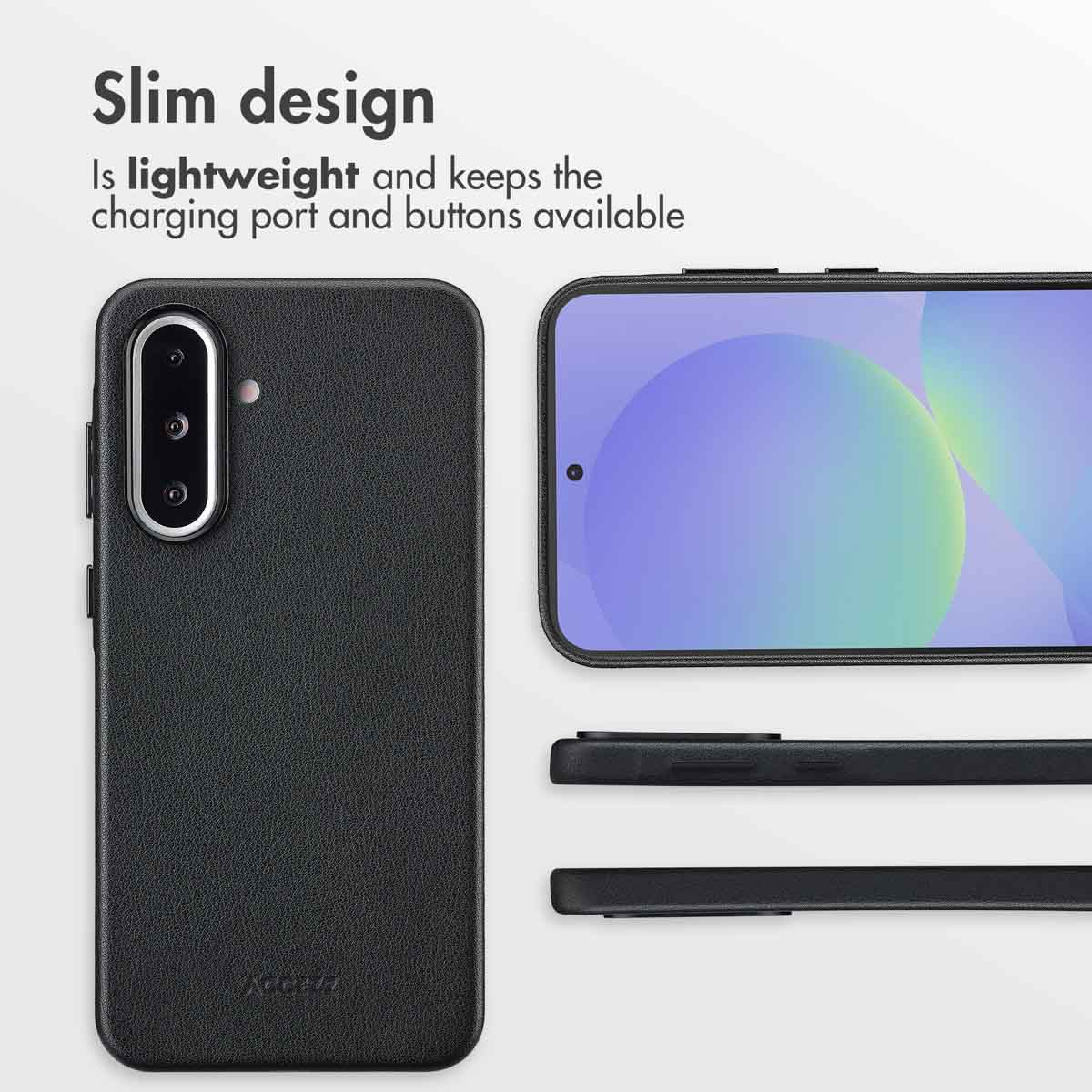 Funda de smartphone negra y delgada que muestra vistas trasera, frontal y lateral con puertos accesibles.