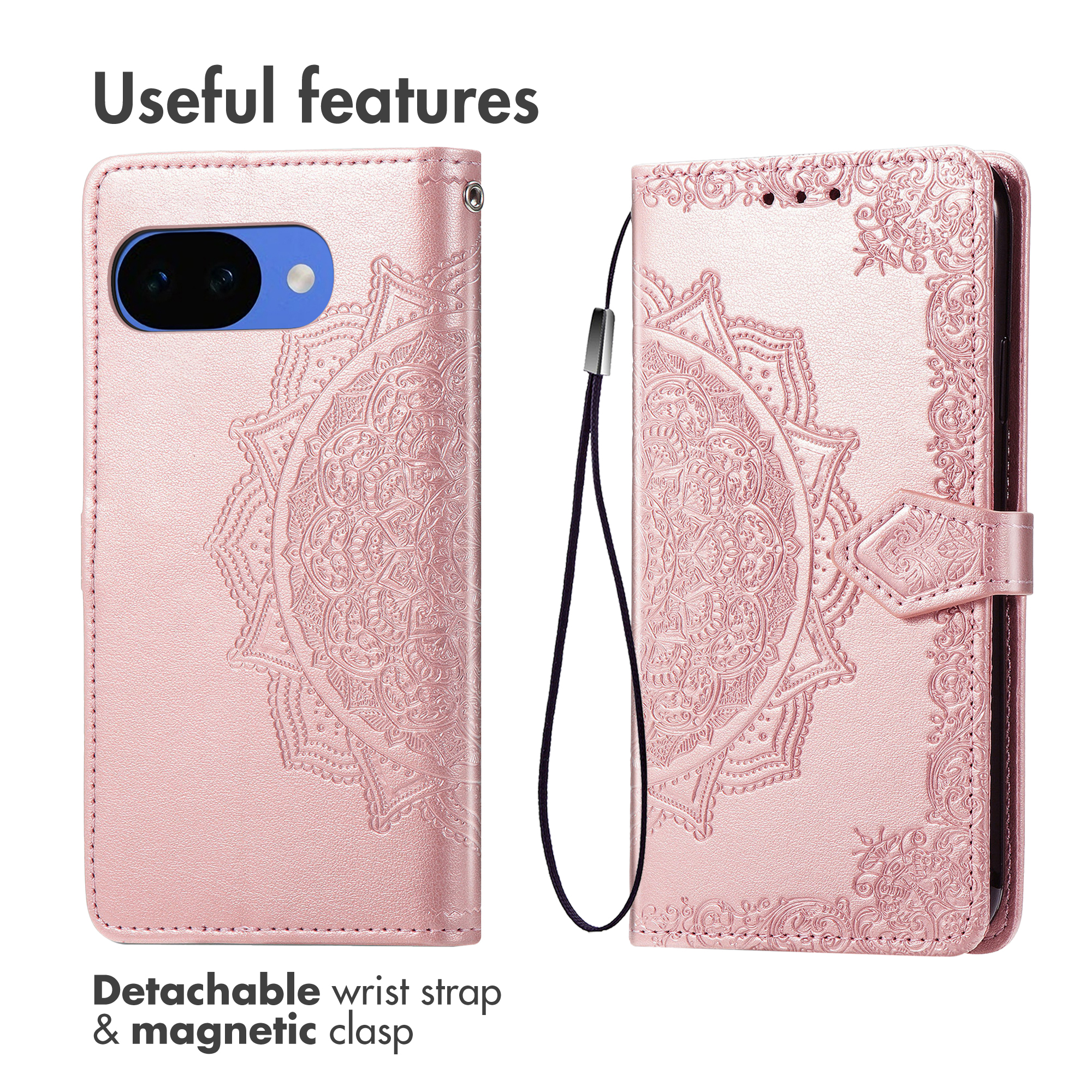 Pink embossed wallet phone case with mandala design, wrist strap, and magnetic clasp shown from front and back.