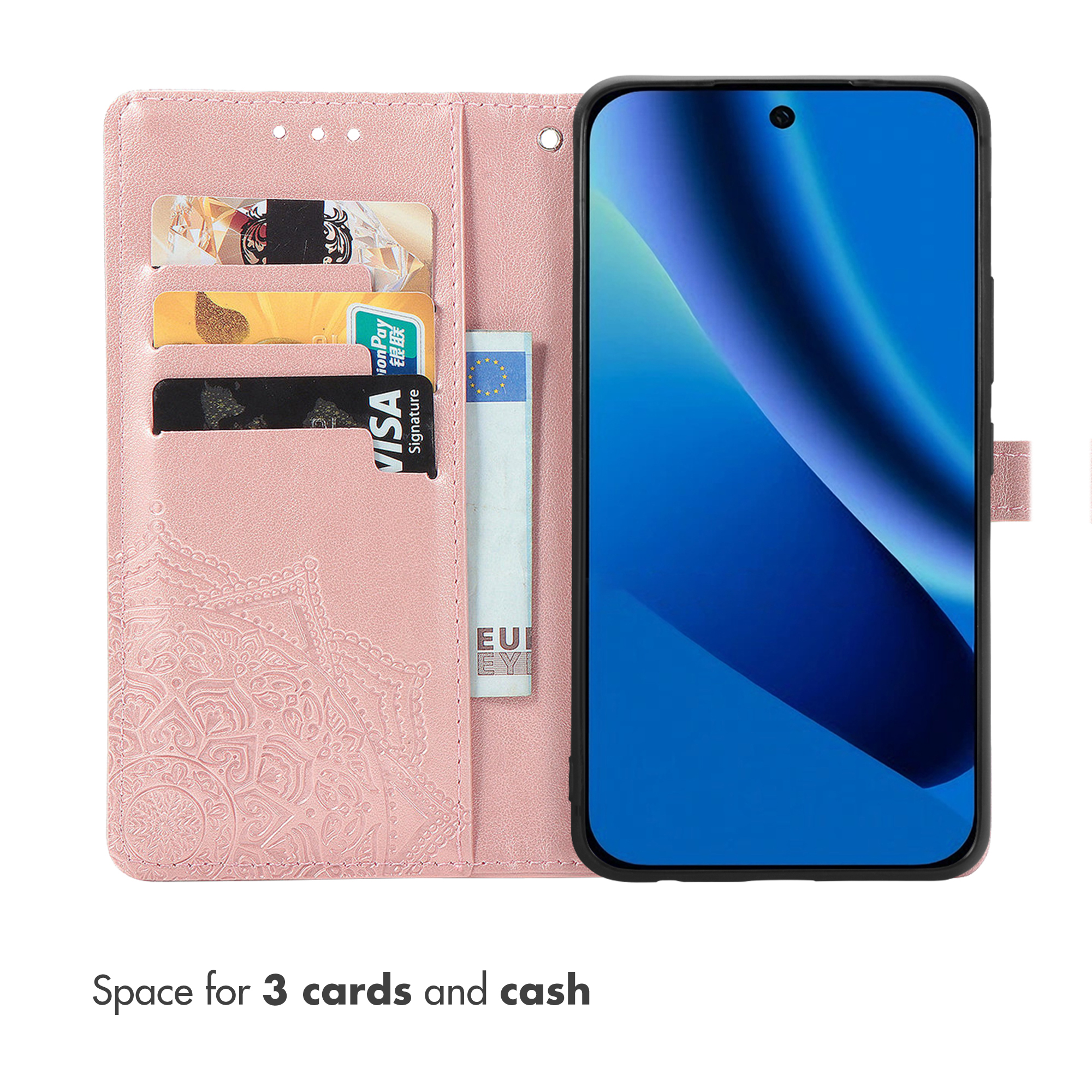 Pink wallet phone case with slots for three cards and a cash pocket, holding a smartphone with a blue screen.