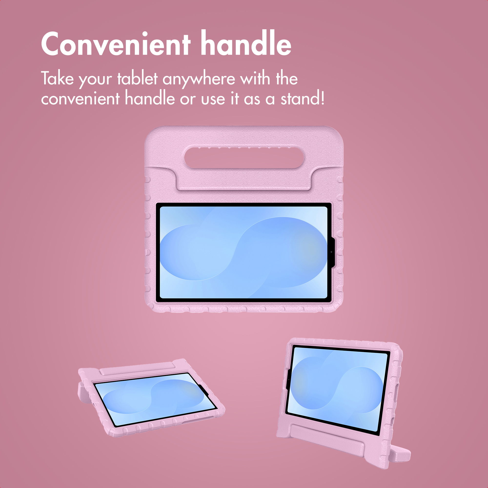 Étui de tablette rose avec poignée et support, présenté sous trois angles sur fond rose.