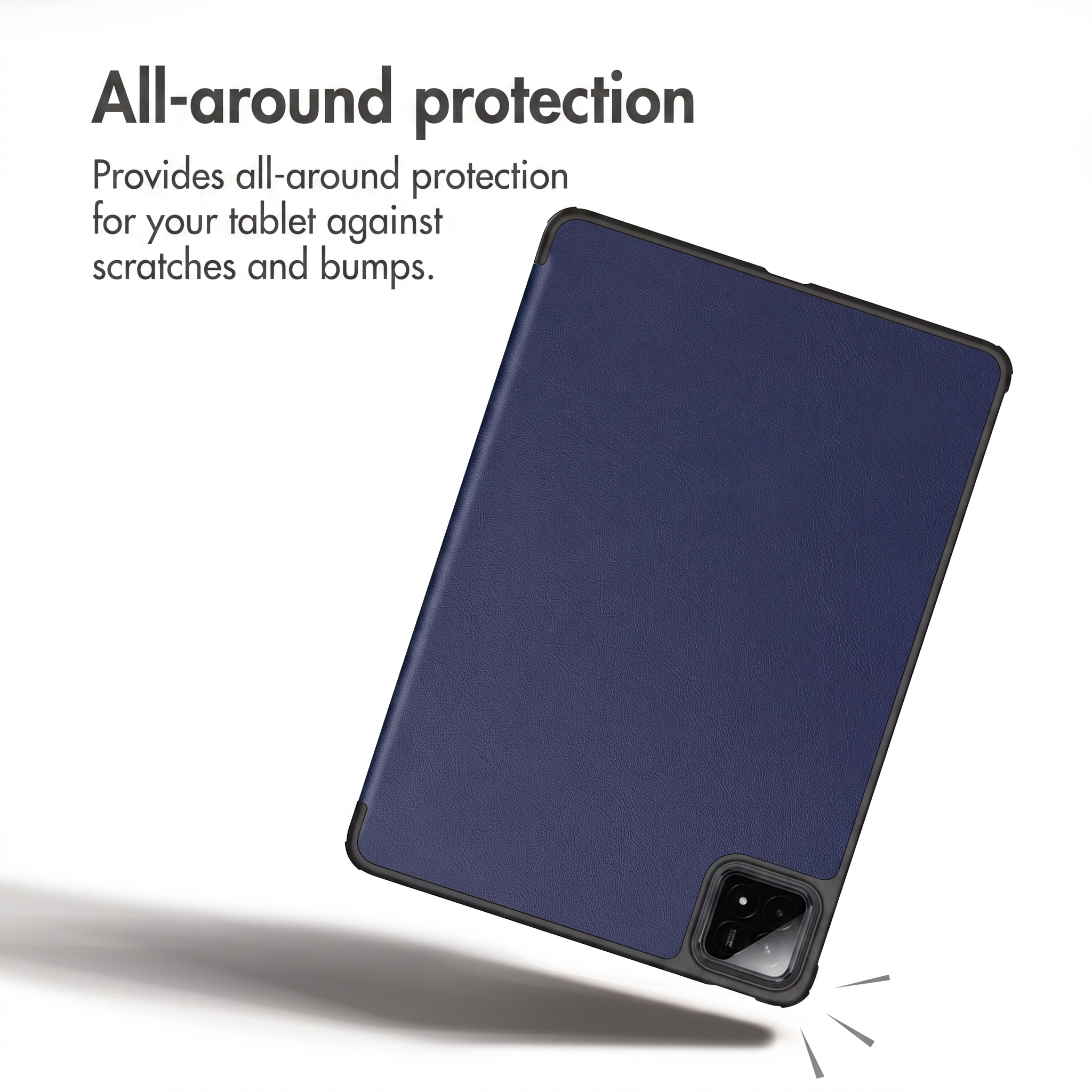 Dark blue tablet case with black border and corner protection, on white background with text.