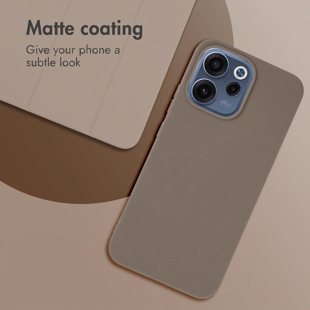 Un smartphone beige en funda mate junto a otra funda, con texto.