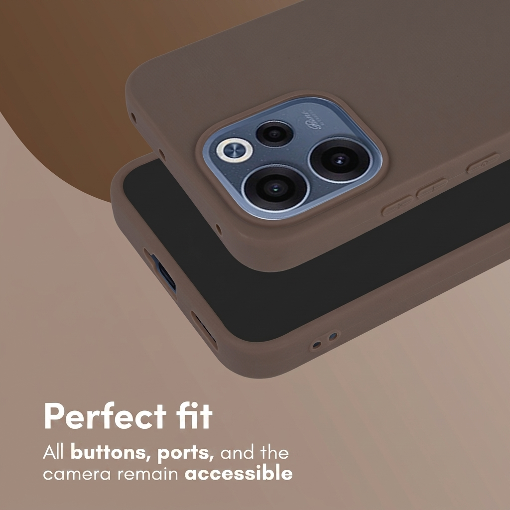 Dos fundas de móvil marrones se superponen en un fondo beige con texto blanco.