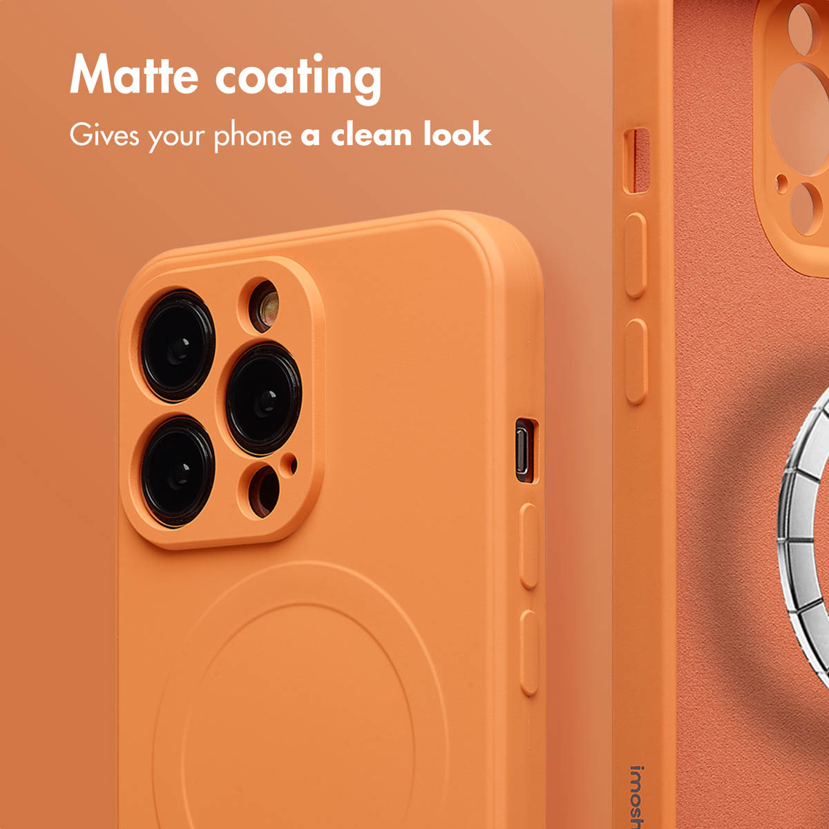 Une coque de téléphone mate orange sur fond orange avec le texte Matte coating.