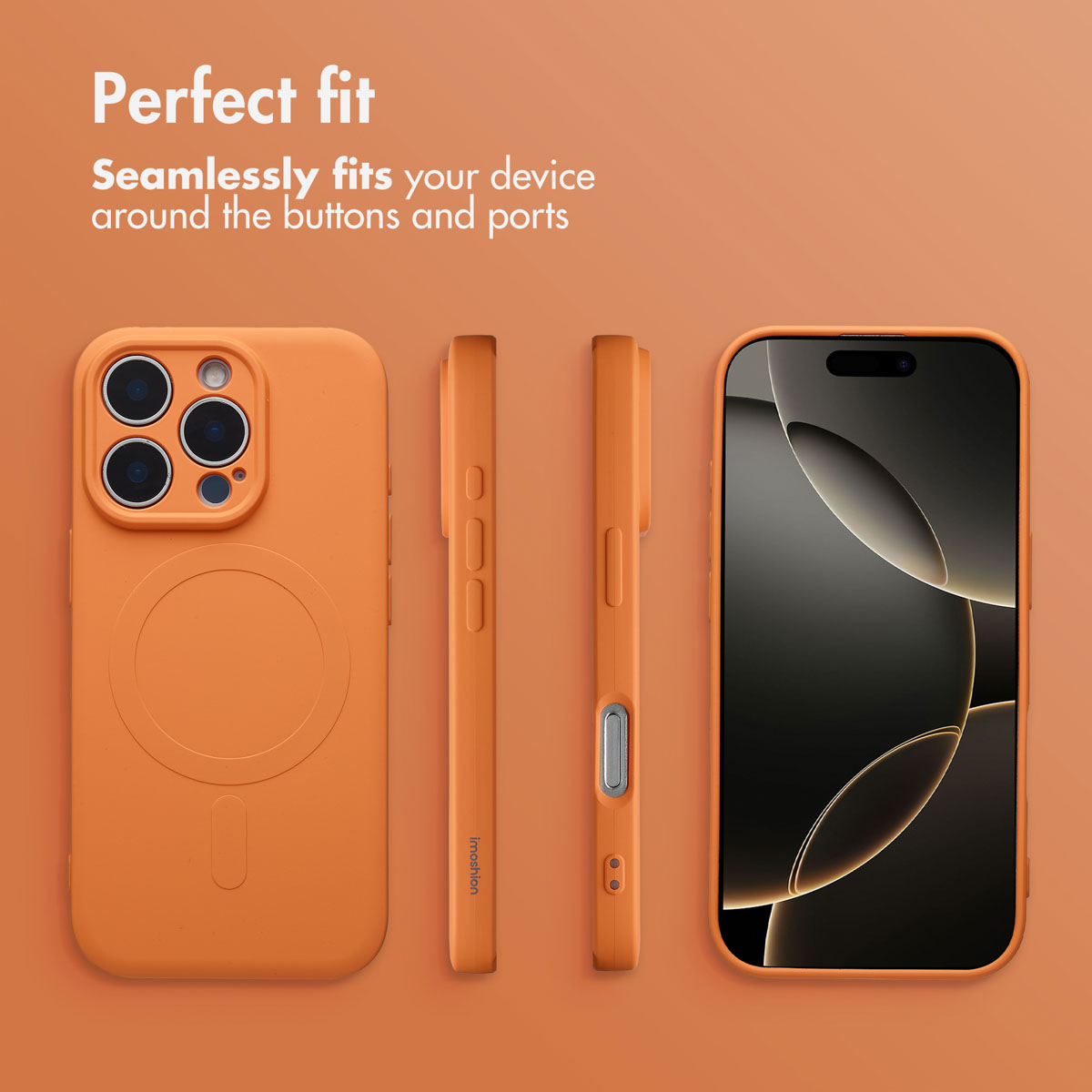 Quatre vues d'une coque de téléphone orange pour un smartphone sur fond orange avec du texte.