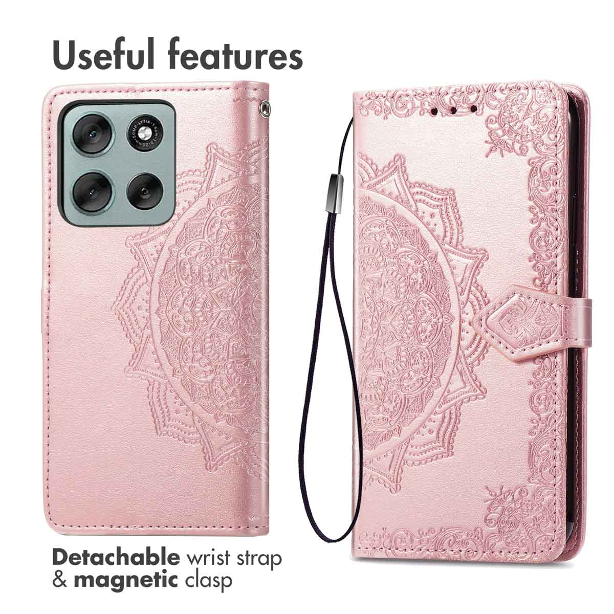 Custodia rosa a portafoglio per telefono con mandala, laccetto e chiusura.