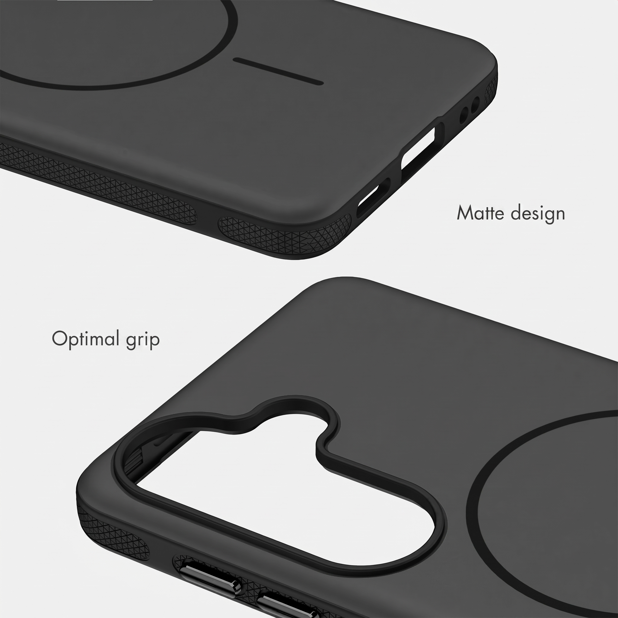 Schwarze Handyhülle mit mattem Design und strukturiertem Griff.