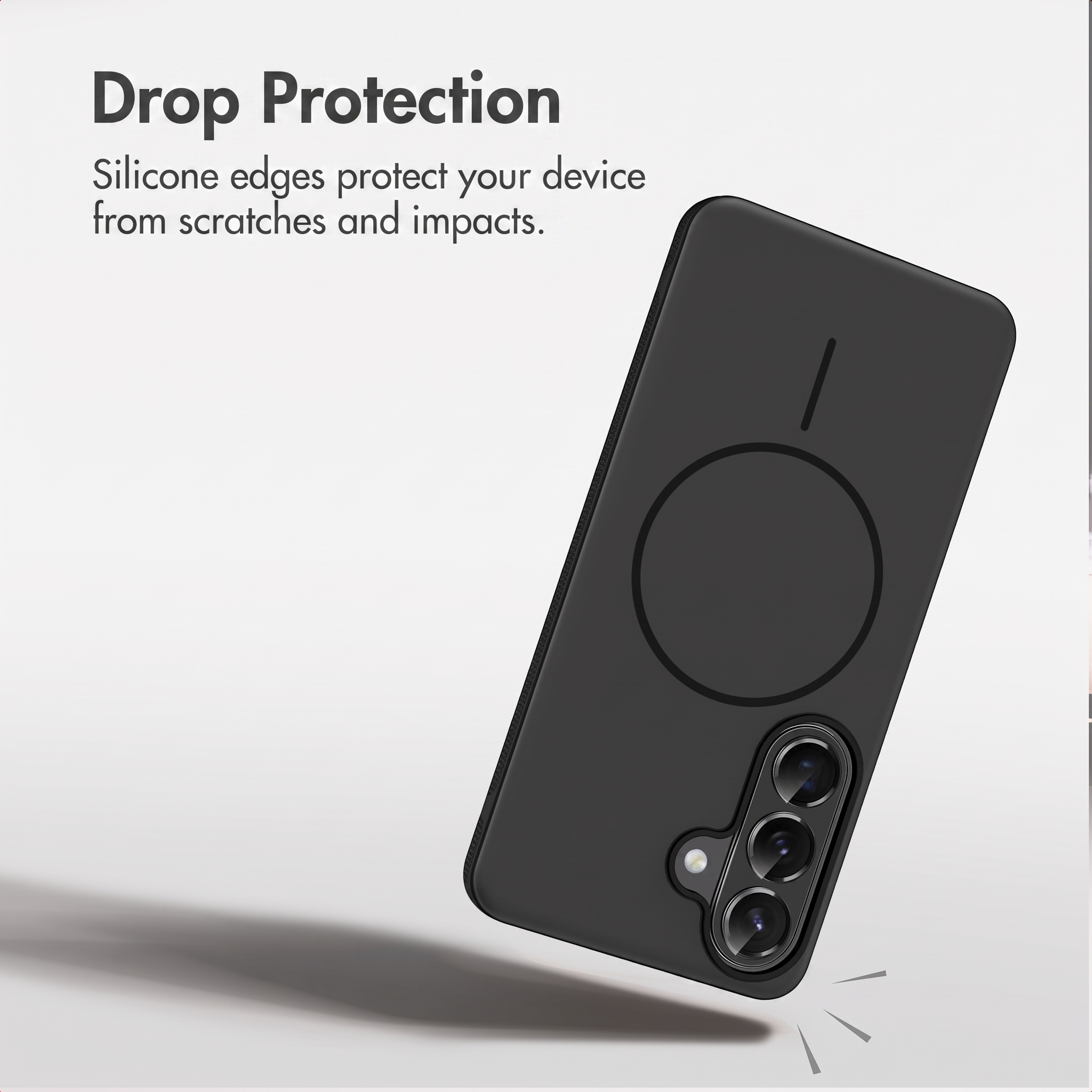 Ein schwarzes Smartphone in einer Schutzhülle mit einem runden Magnetring auf der Rückseite vor hellem Hintergrund.