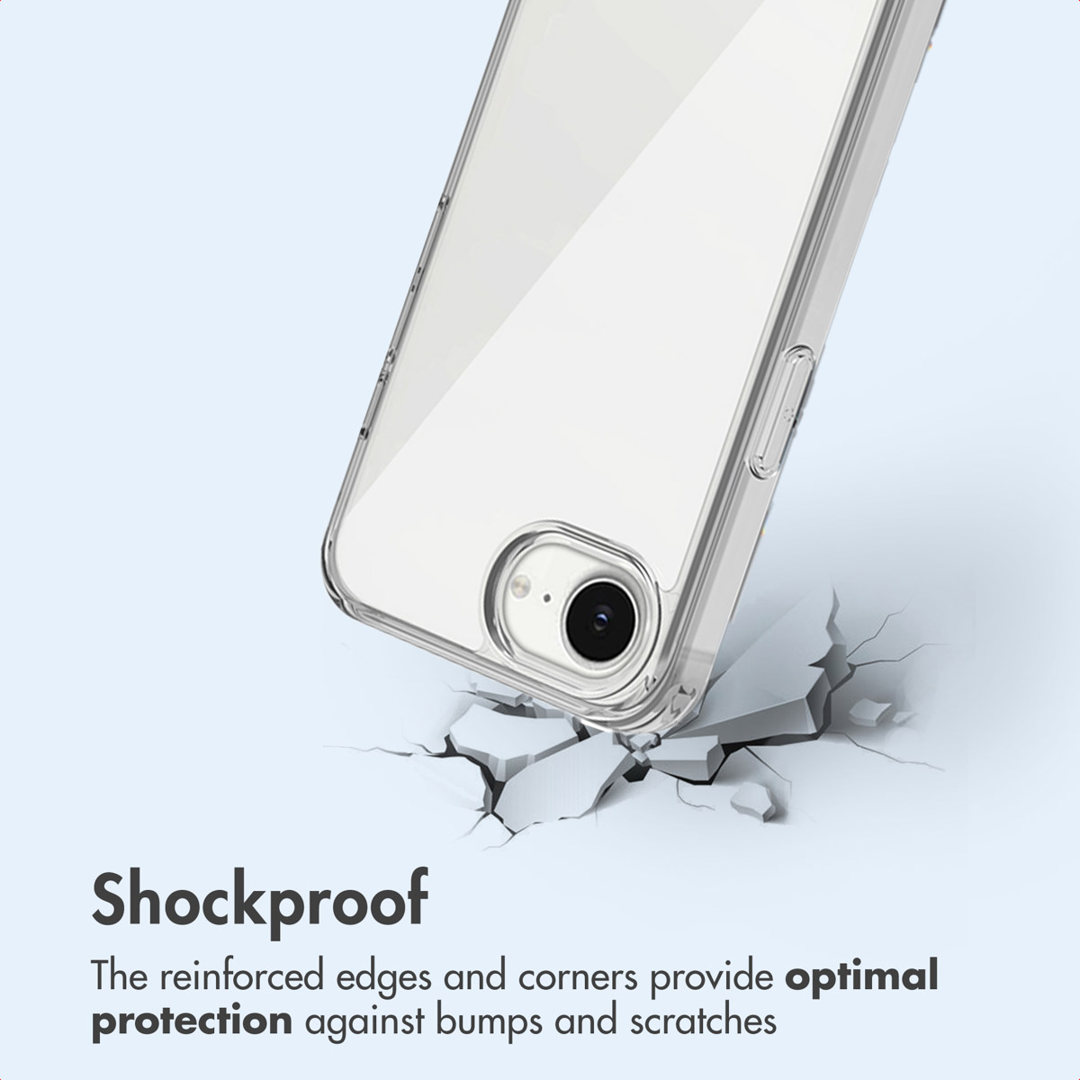 Un teléfono en una funda transparente golpea una superficie agrietada, texto describe protección.