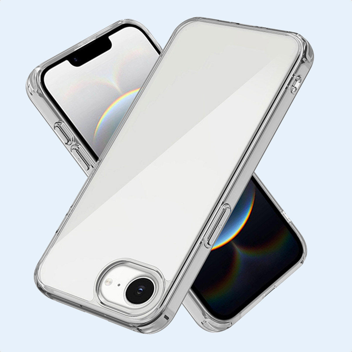 Dos teléfonos inteligentes en fundas protectoras transparentes se muestran en diagonal sobre fondo azul claro.