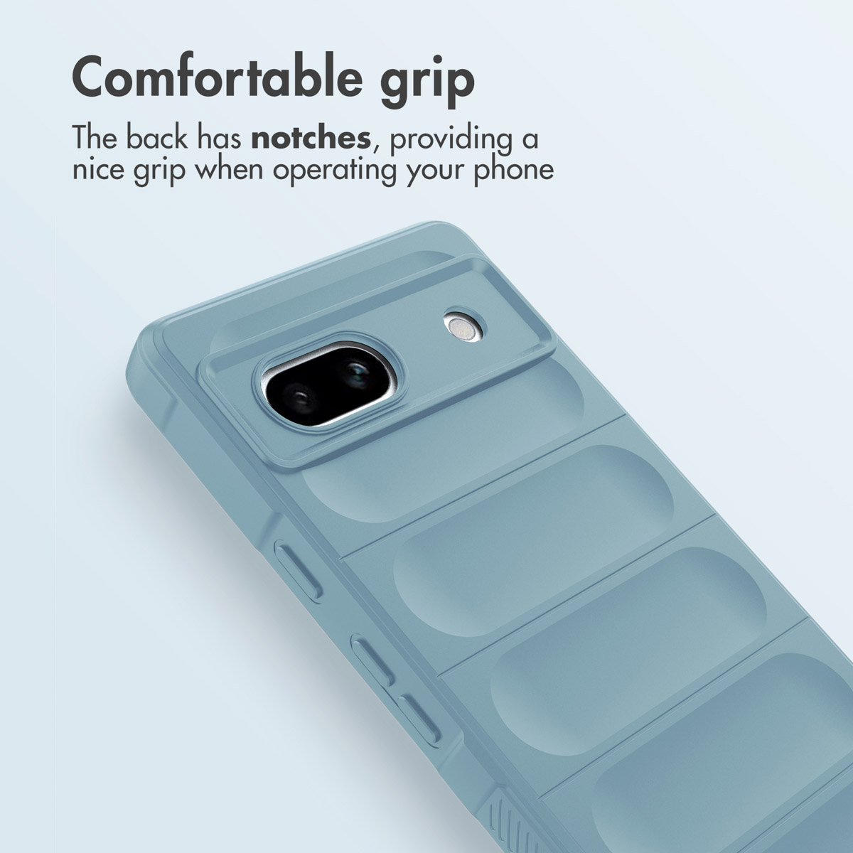 Custodia per telefono blu con tacche posteriori per presa e testo Impugnatura comoda.