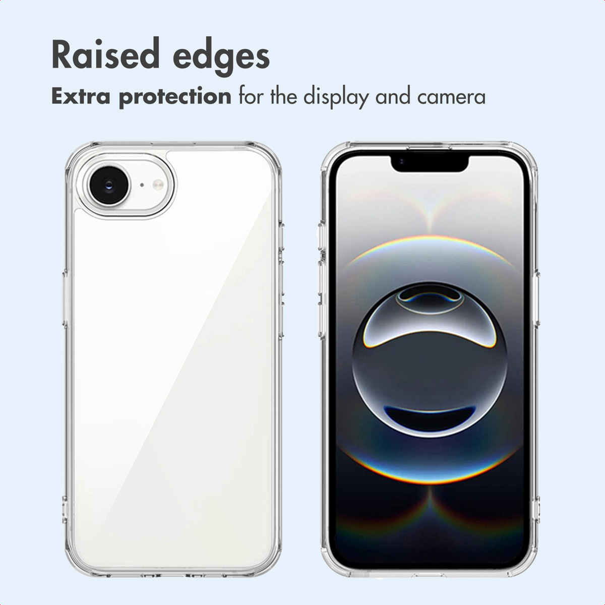 Funda transparente para teléfono con bordes elevados para la pantalla y la cámara.