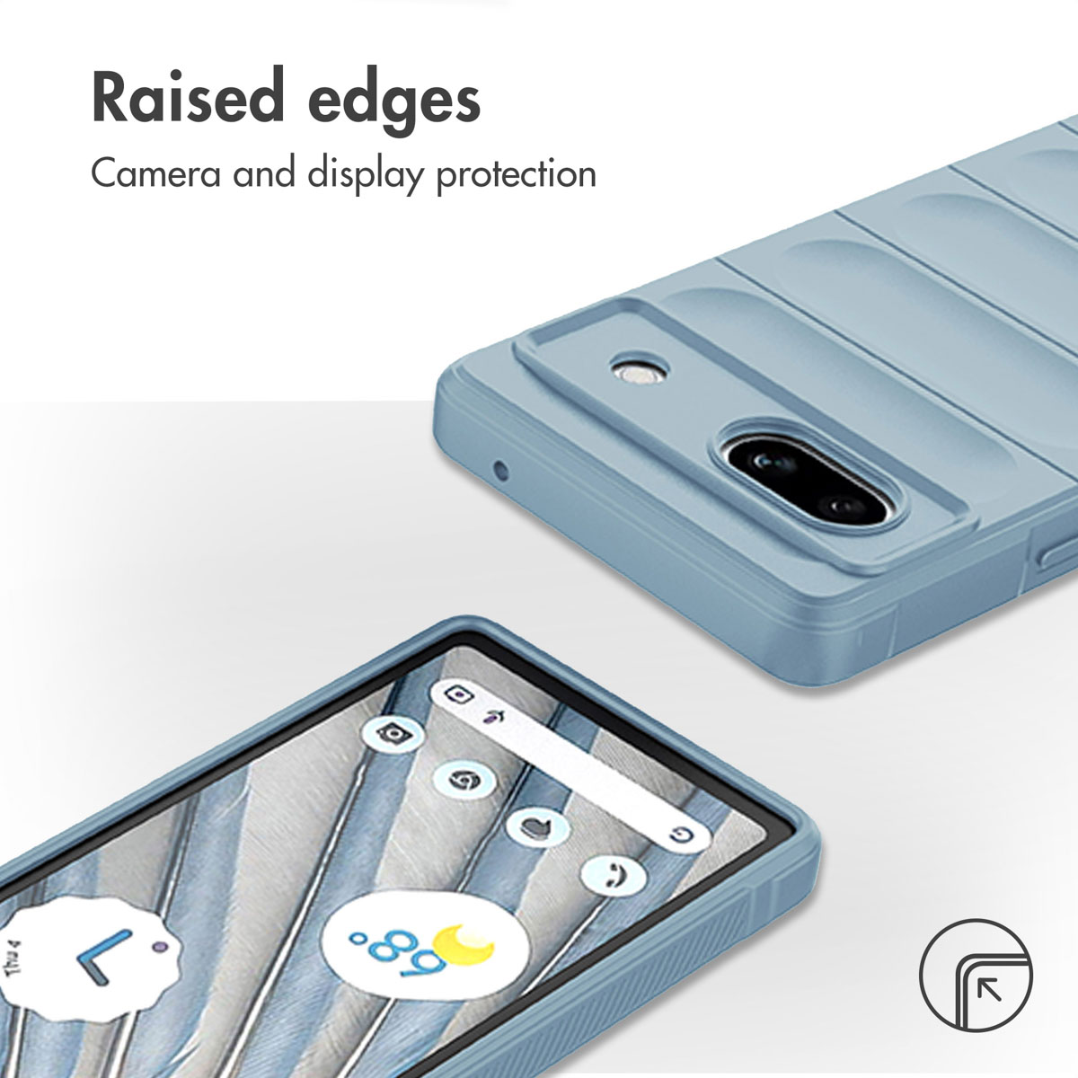 Custodia per telefono blu con bordi rialzati per protezione fotocamera e display.