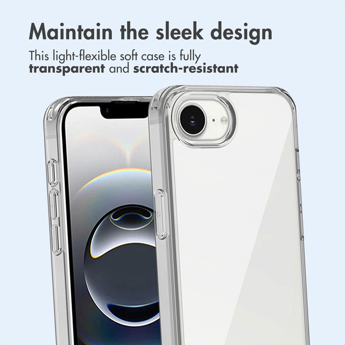 Una funda de smartphone transparente y suave sobre un fondo azul claro con texto publicitario.