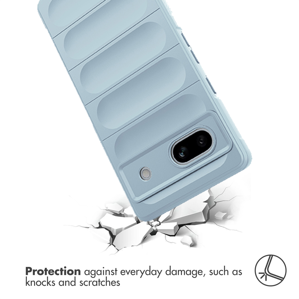 Custodia per telefono blu con foro per fotocamera su sfondo bianco screpolato e testo di protezione.